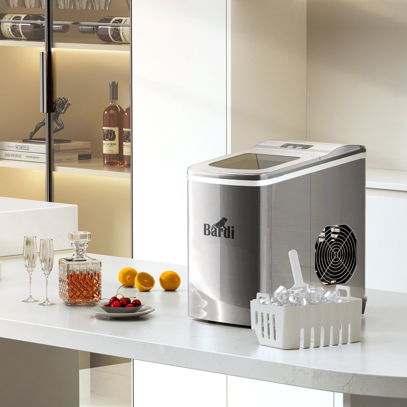 Bardi IJsblokjesmachine Set - 2 Liter - 12KG IJsblokjes in 24 uur - met IJsschep - Inclusief 1 Luxe Thermosbeker - RVS - Citruspers Zwart