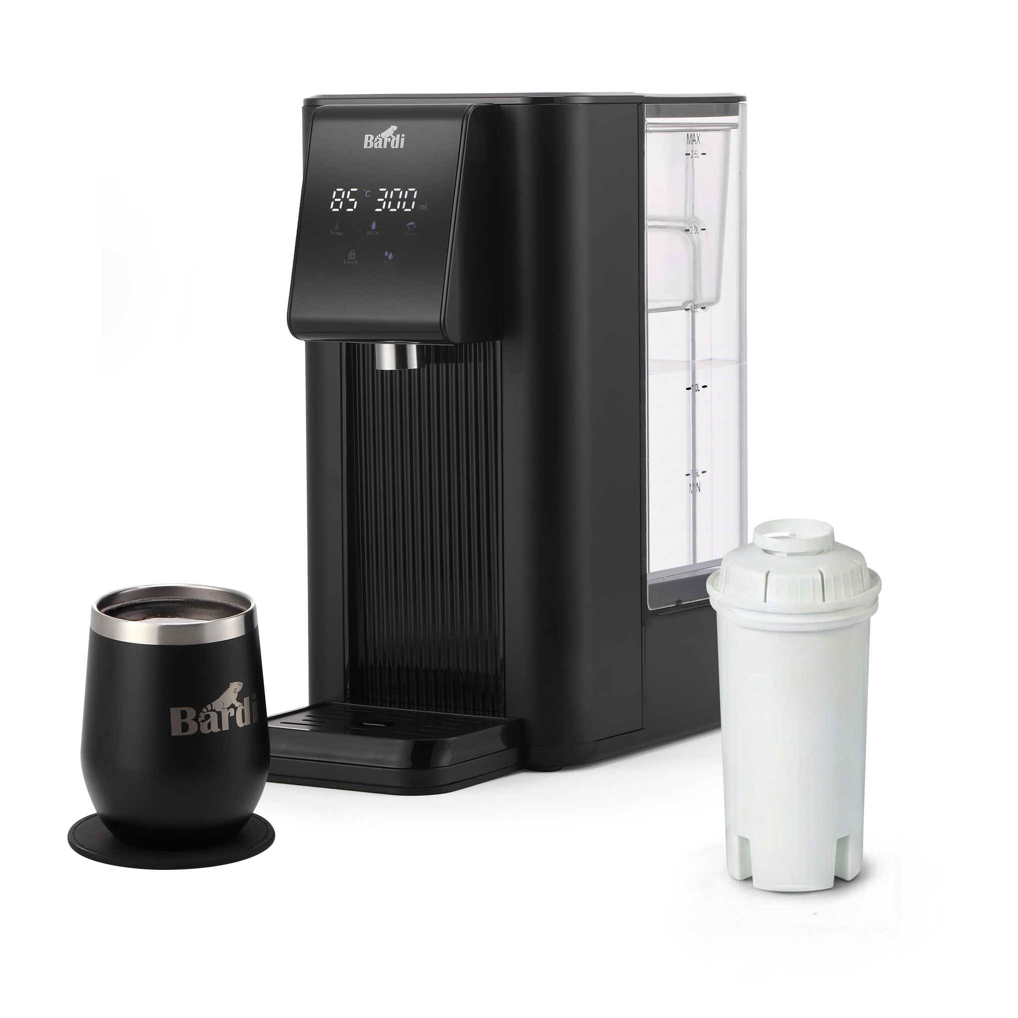Bardi Heetwaterdispenser 2,6L zwart met STRIX filter - incl. thermoscup + onderzetter