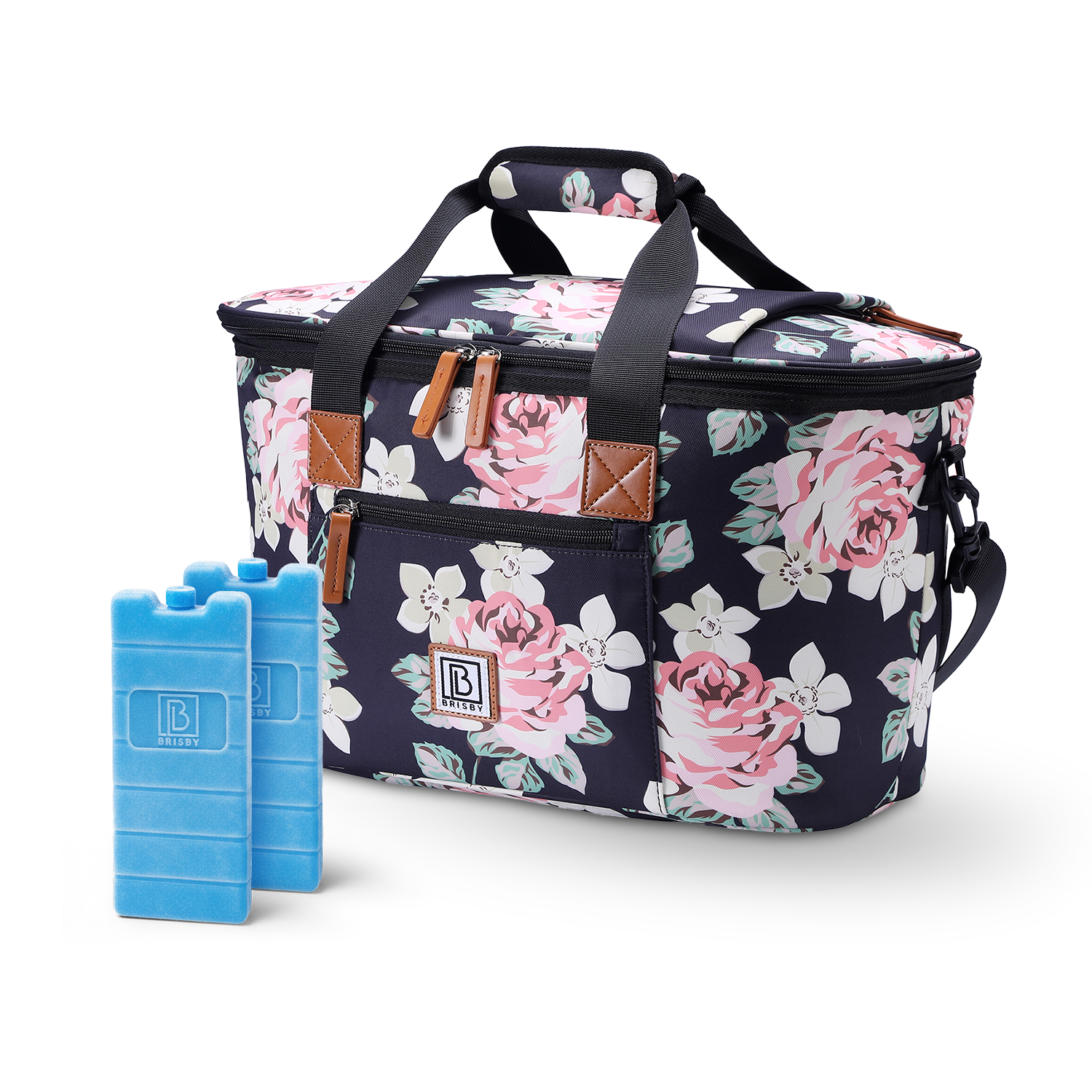 Brisby Koeltas 21L zwarte bloemen - incl, 2 koelelementen, schouderband