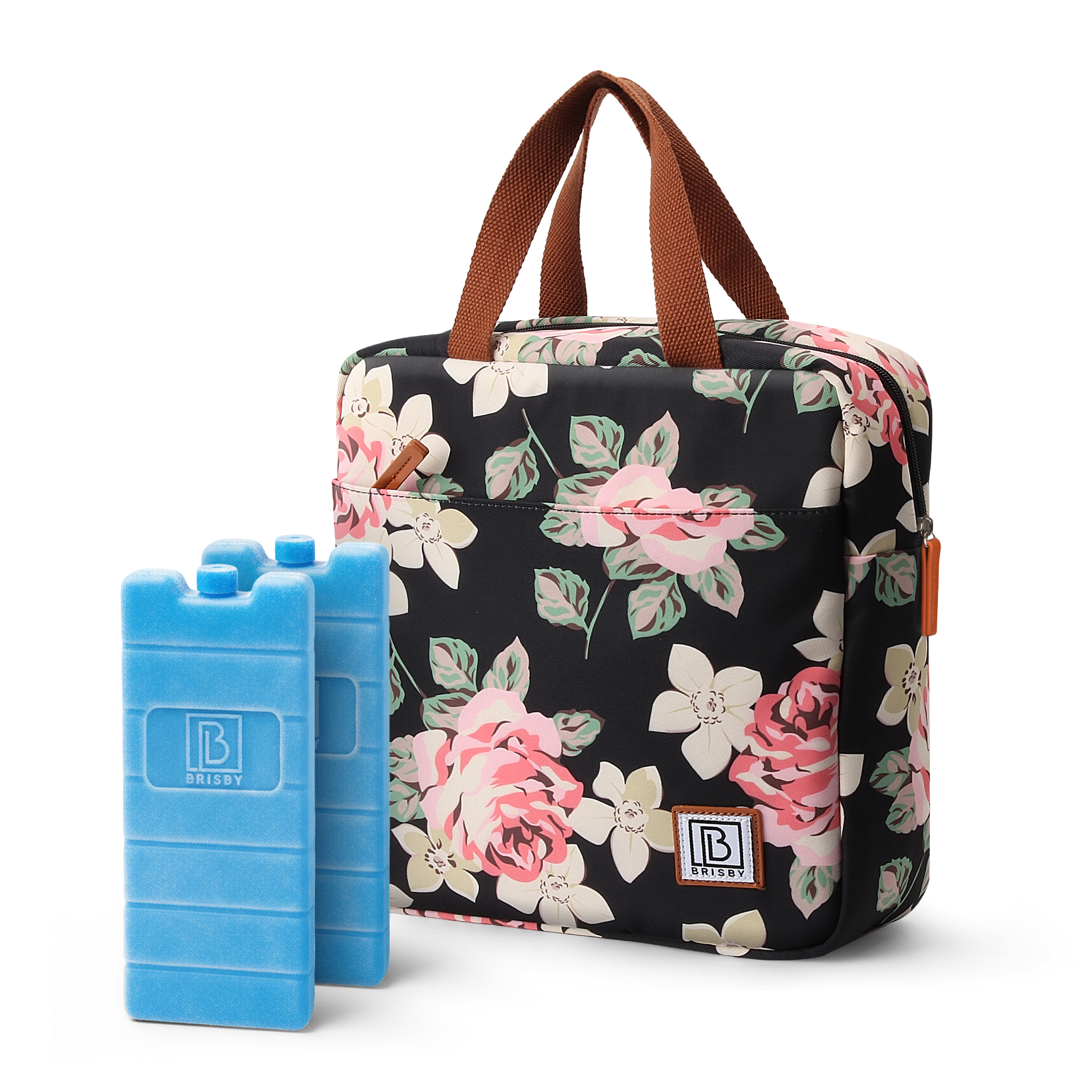 Cooler bag 7L black flowers - Lunch bag - 4-layer insulated - 2 free cooling elements - incl. shoulder strap