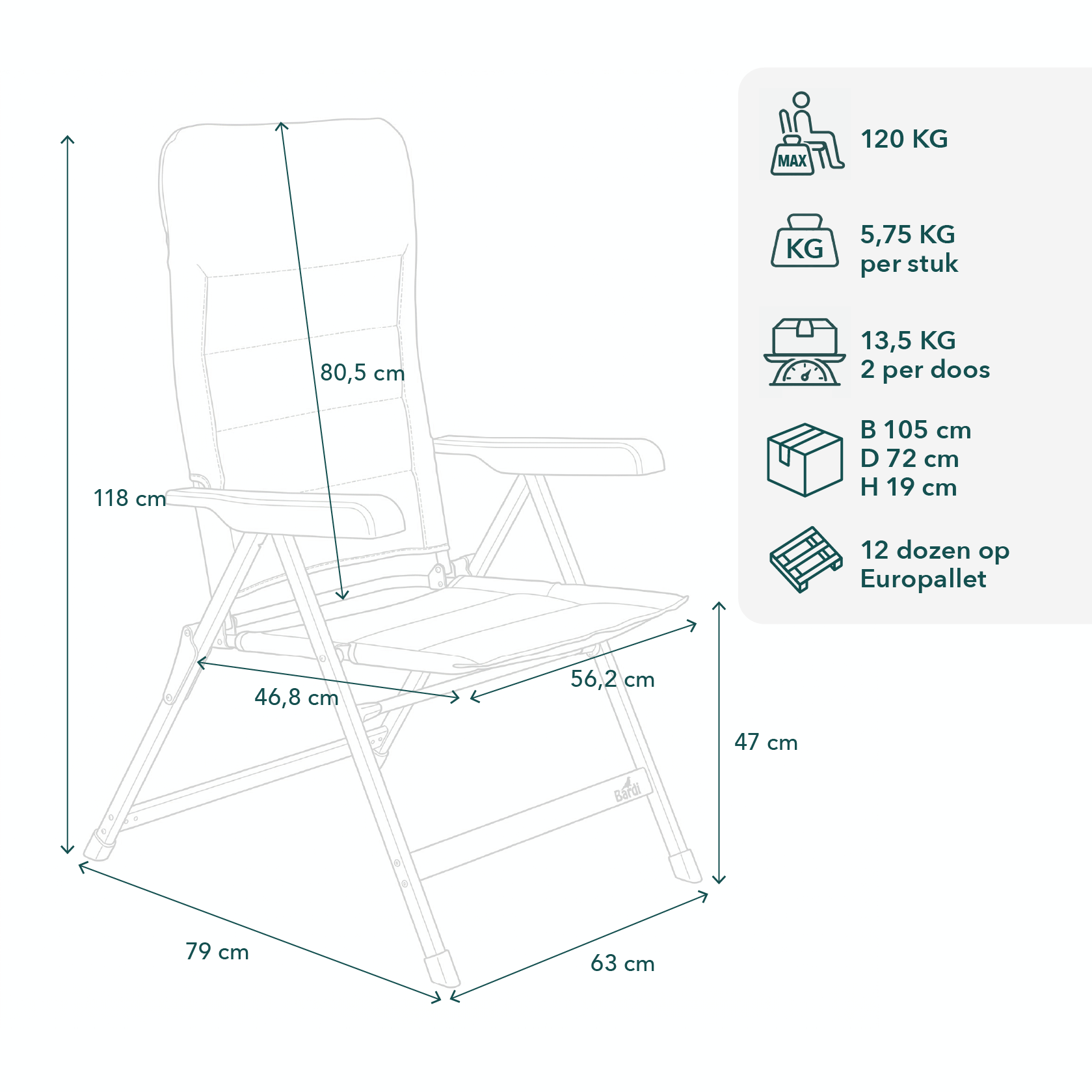Bardi 6-delige Campingstoelen set zwart - 7 standen - 120 kg draagvermogen