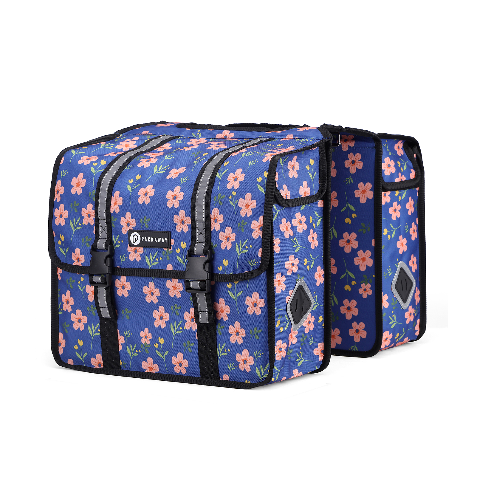 Packaway Dubbele Fietstassen 36L Blue Blossom - waterdicht - reflectie - afneembaar