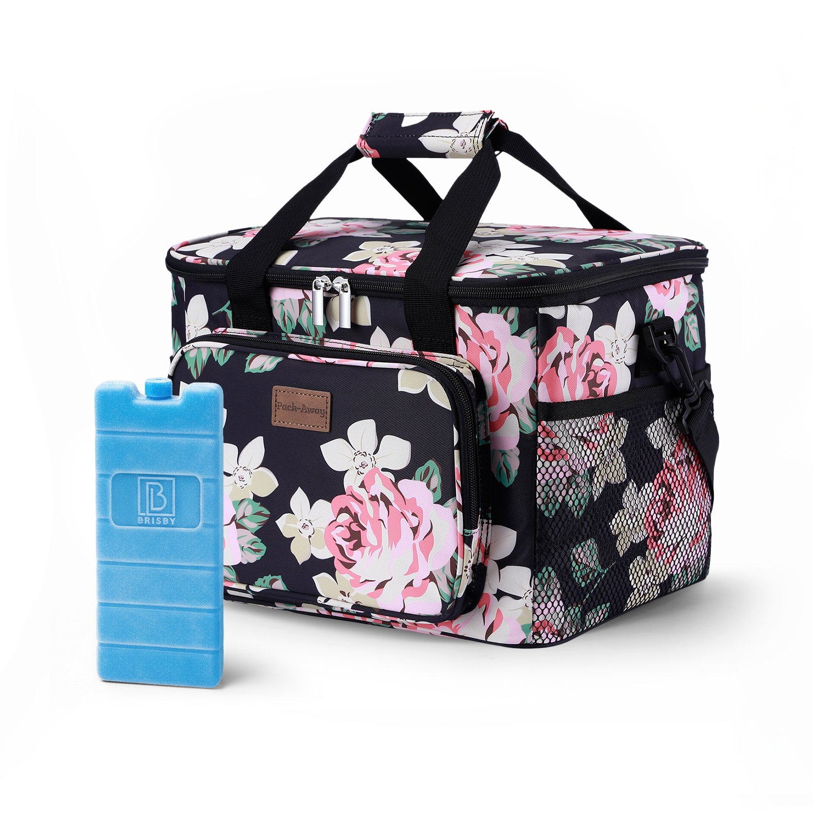 Koeltas 15L koeltas black flower - lunchtas - 4-laags geïsoleerd - opvouwbaar - incl. 2 gratis koelelementen en draagband