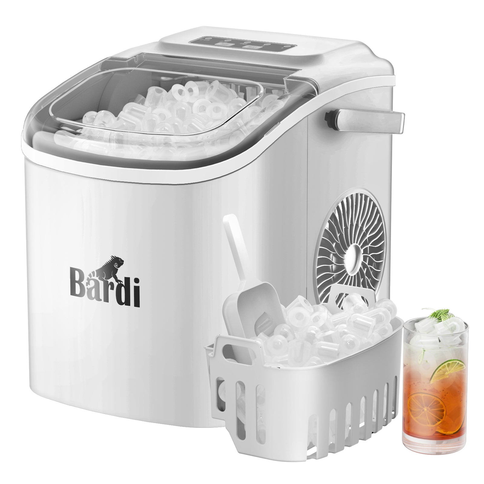 Bardi Deluxe Ice Cube Machine 1.2L white - Self-cleaning function - ice cube maker with ice scoop - Incl. luxury thermos cup and ice scoop