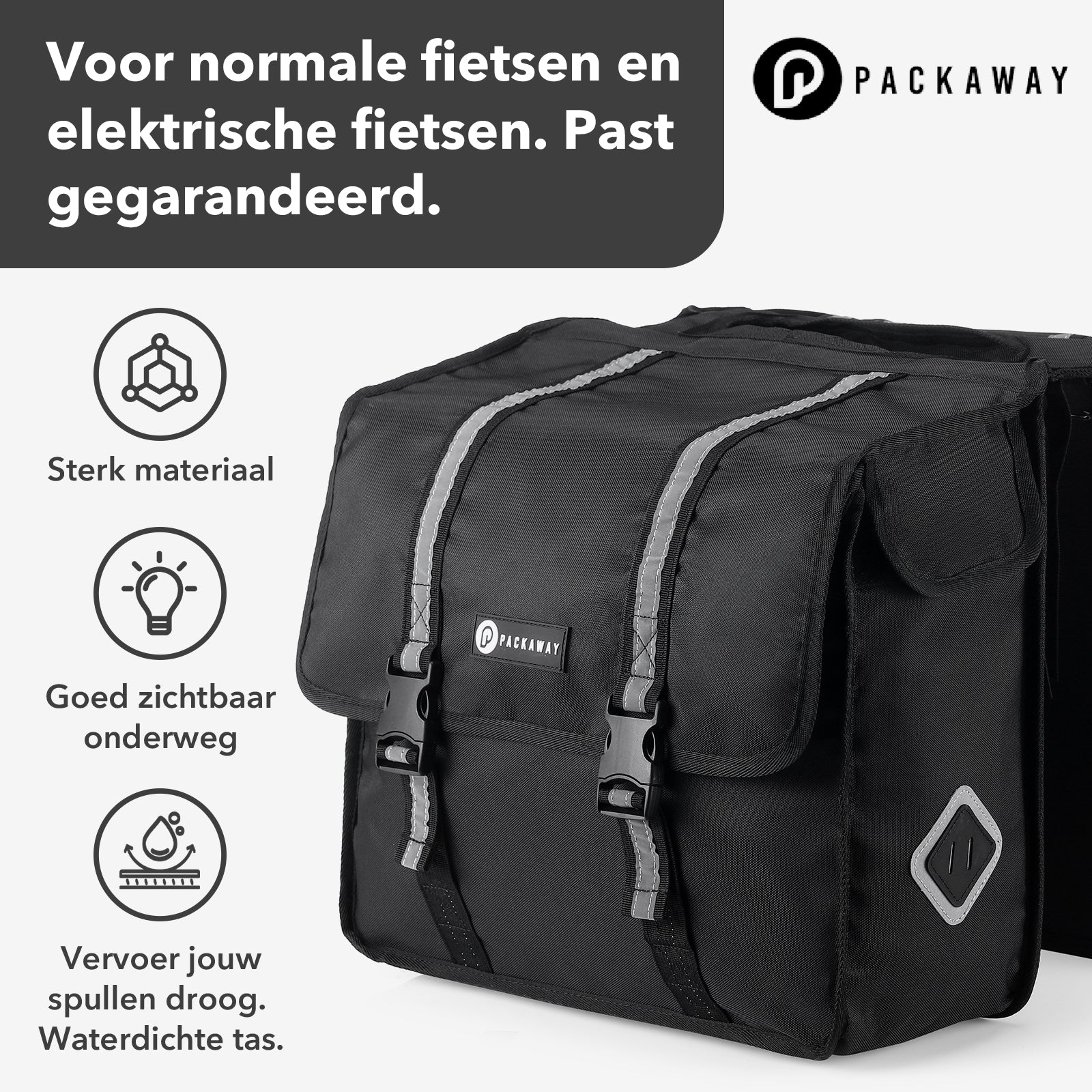Packaway Double Panniers - Waterproof Panniers Electric Bike - Reflective - Black 36 Liters