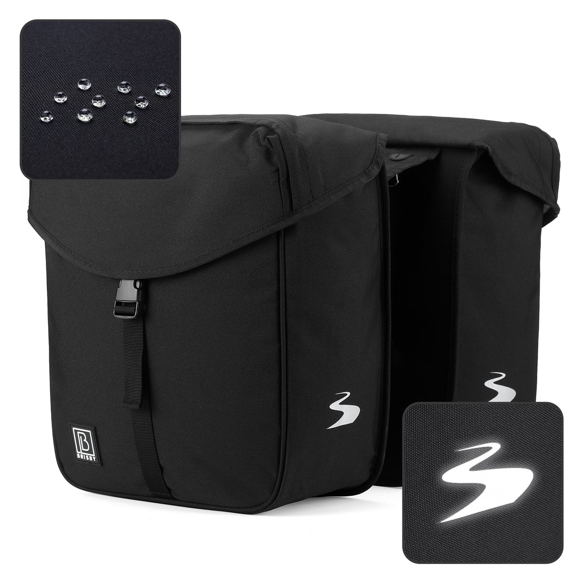 Brisby Dubbele Fietstas 34 Liter – Voor Gewone en Elektrische Fiets – Waterafstotend Polyester – Met Trekkoord, Gespsluiting en Reflectie – Zwart
