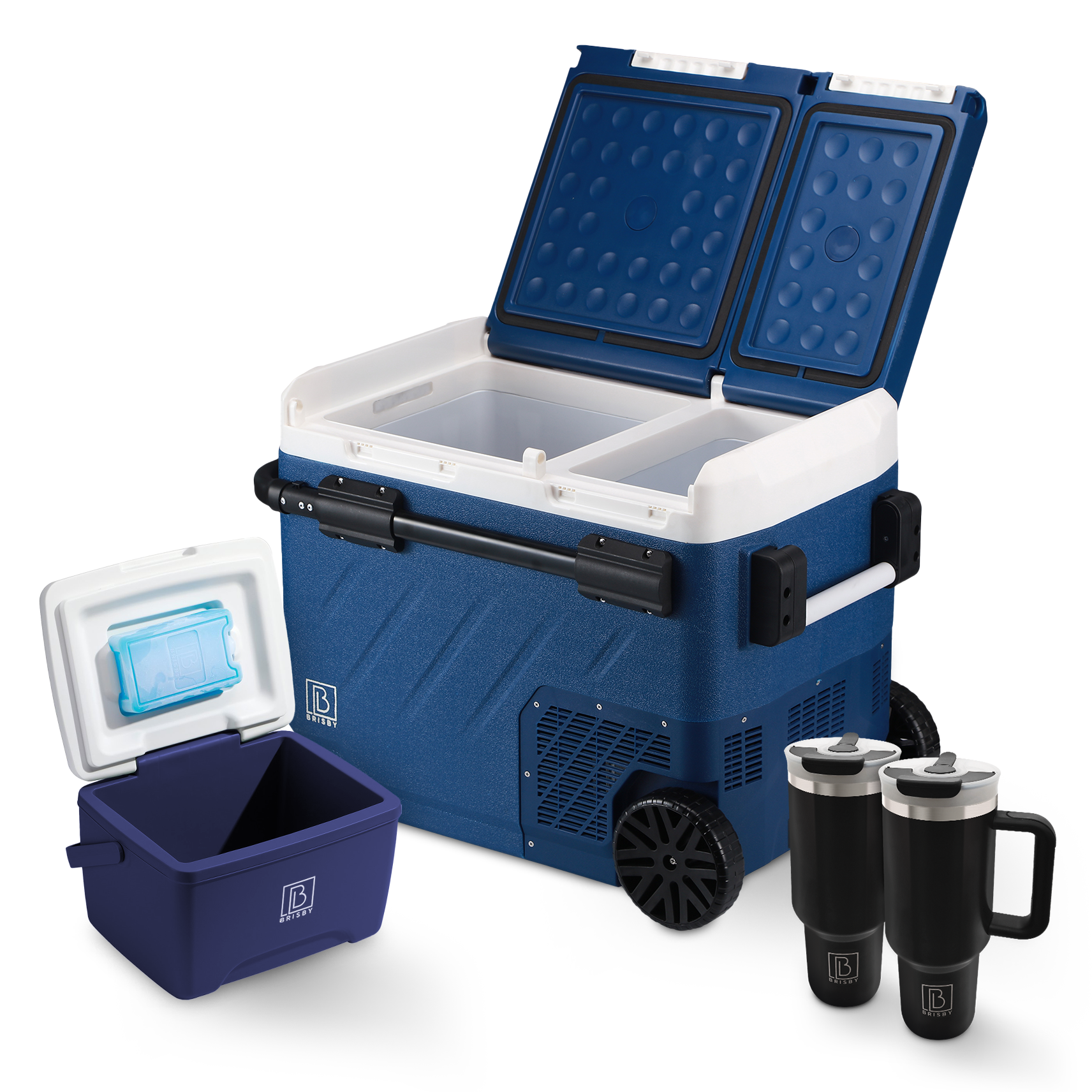Compressor koelbox 58,1L en 8L koelbox blauw SET - Dual zone - koelen en vriezen - 12V en 230V - verrijdbaar - incl. 2x 1,2L thermosbekers
