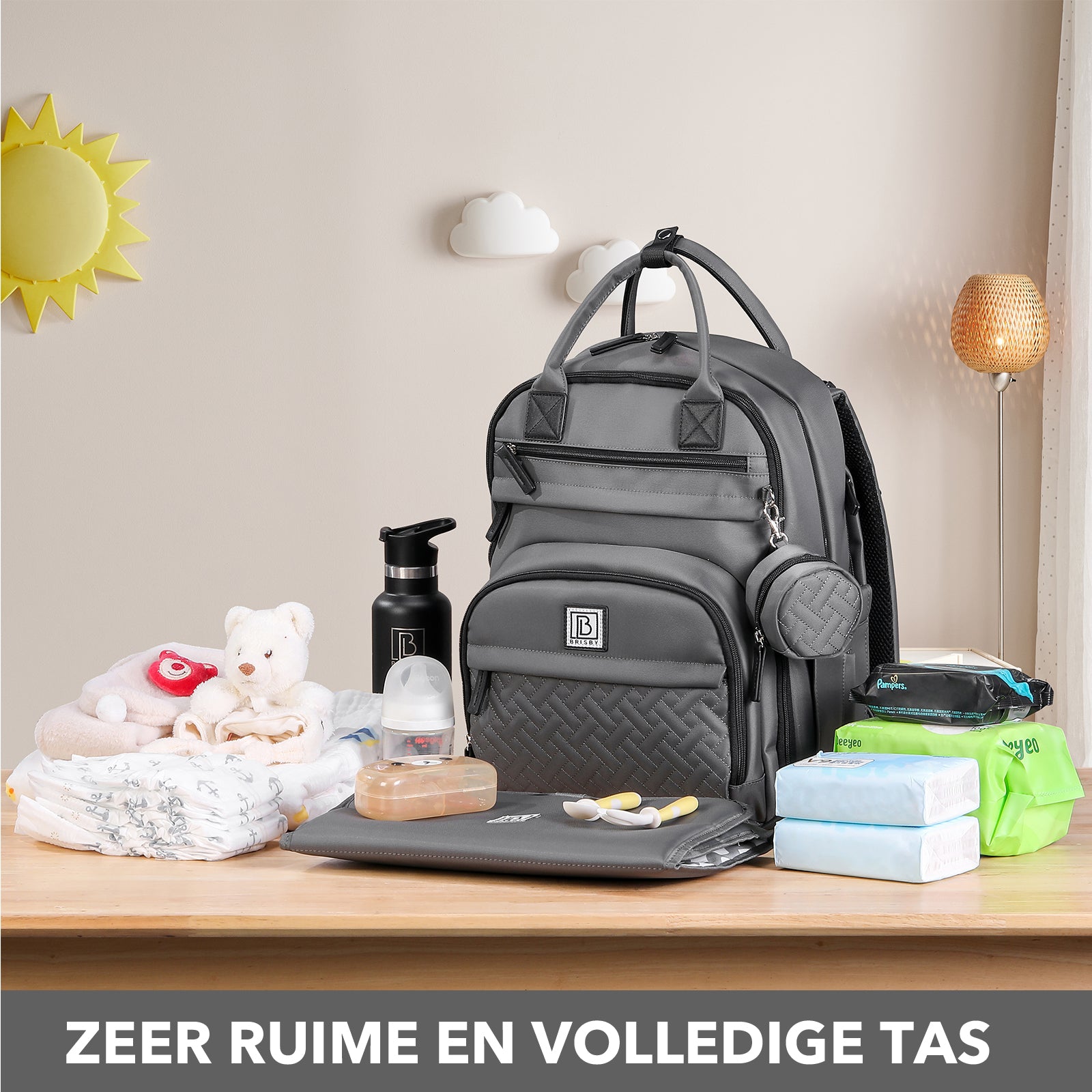 Premium luiertas donkergrijs - uitgebreide en functionele verzorgingstas - met buggymontage - anti diefstal vakken - reistrolley sleeve - incl. verschoonmatje en speenhouder - levenslange garantie