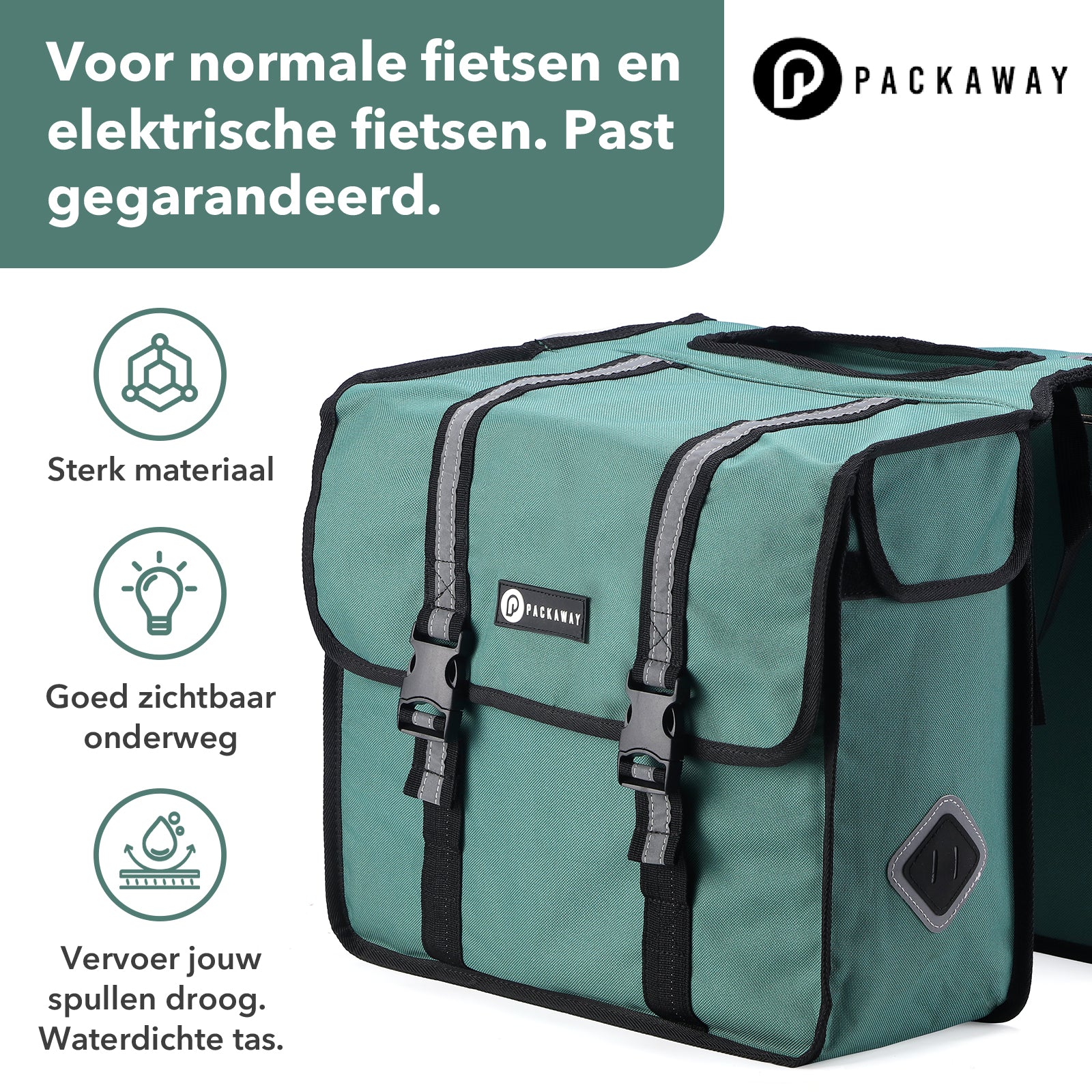 Packaway Dubbele Fietstas 36L groen - hoge zichtbaarheid - waterdicht