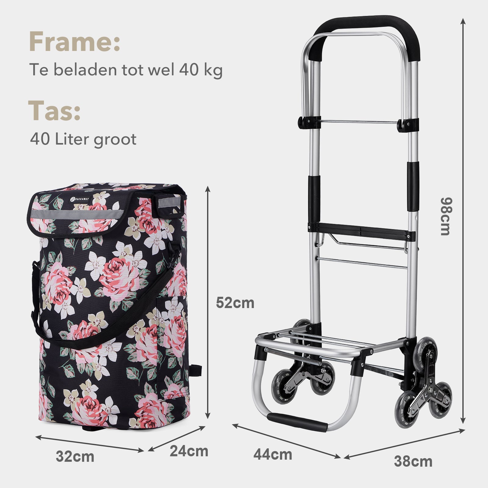 Packaway Boodschappentrolley met Trapwielen 40 Liter - Opvouwbare Boodschappenwagen met ruim Koelvak - Black Flower