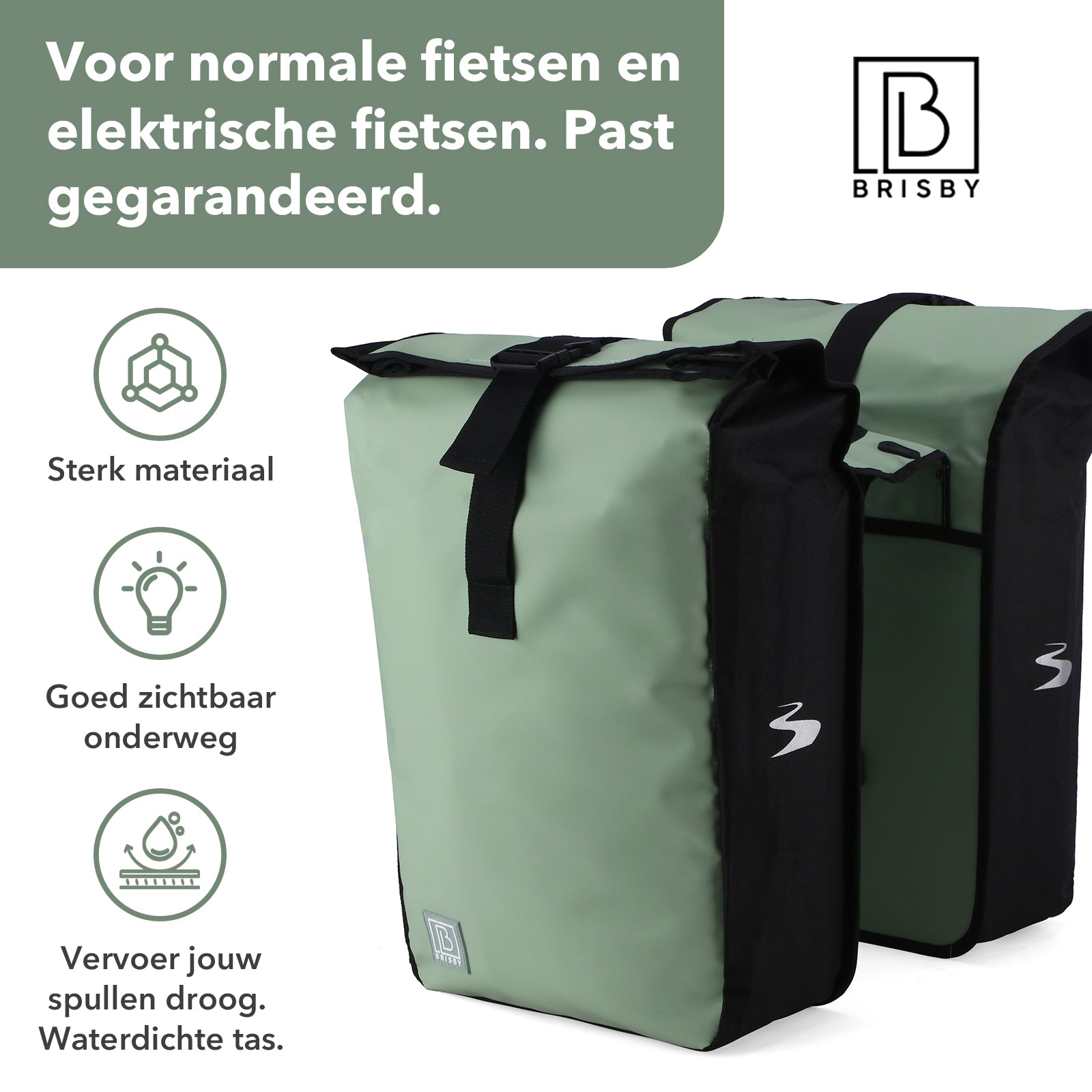 Brisby Dubbele Fietstas Rolltop Zwart 39-48L Waterdicht Geschikt voor Elektrische Fietsen & E-Bike - Groen