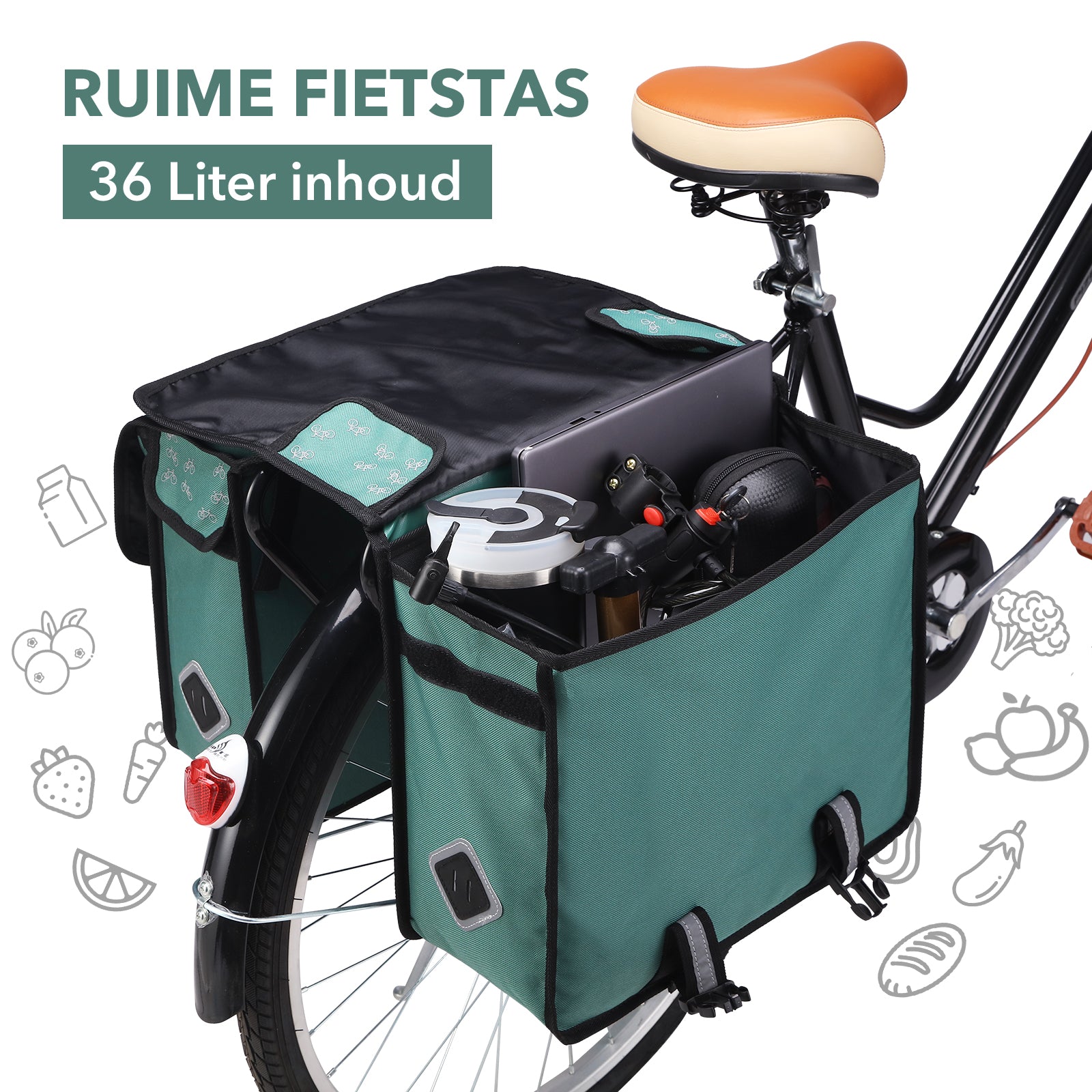 Packaway Dubbele Fietstassen 36L patroon zwart groen - waterdicht - reflectie