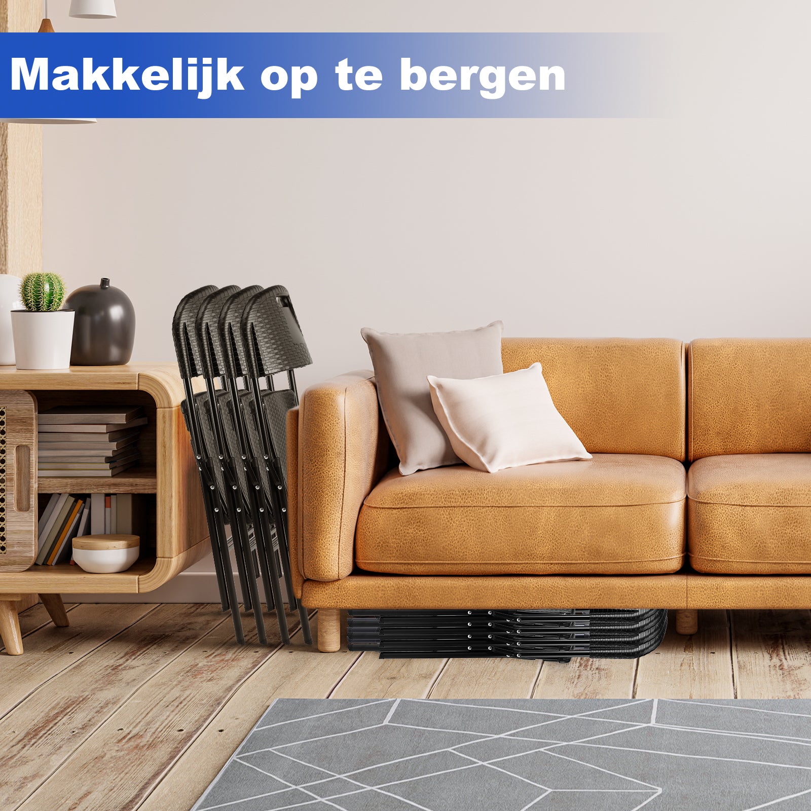 Bardi 4-delige Klapstoelen set zwaar rotan zwart - 200 kg draagvermogen