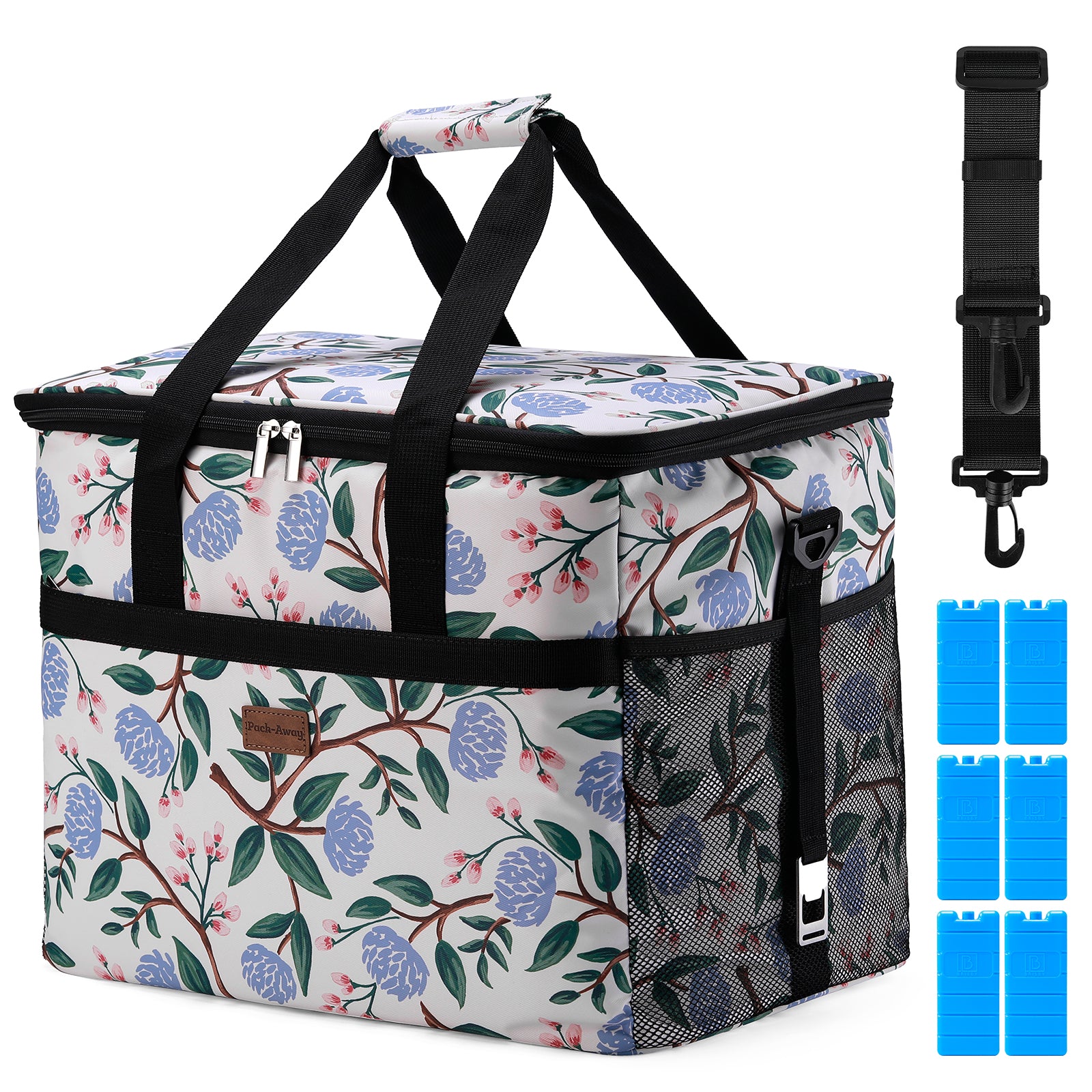 Cooler bag 40L white flower - lunch bag - foldable - 4-layer insulated - incl. 6 free cooling elements and carrying strap