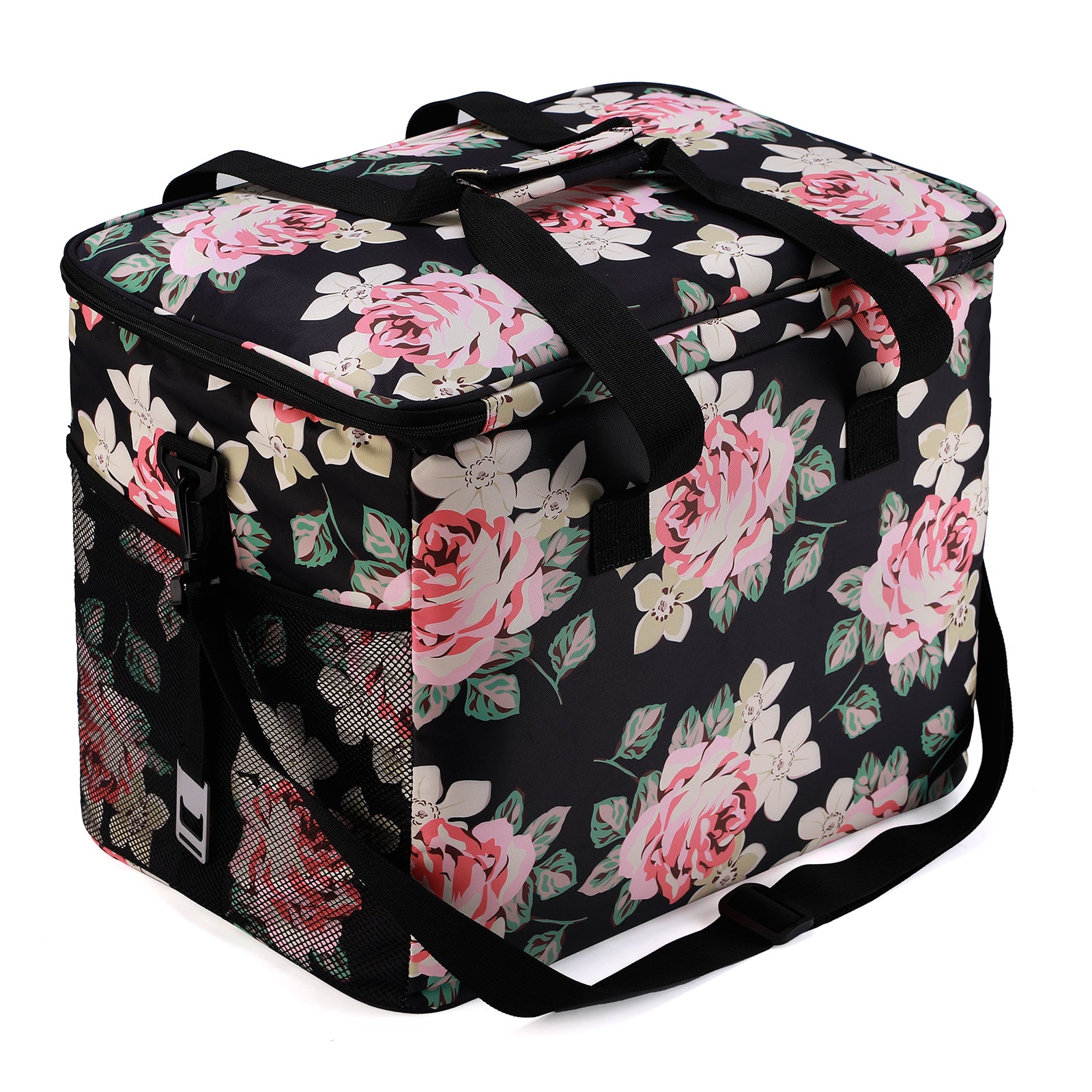 Cooler bag 40L black flower - lunch bag - foldable - 4-layer insulated - incl. 6 free cooling elements and carrying strap
