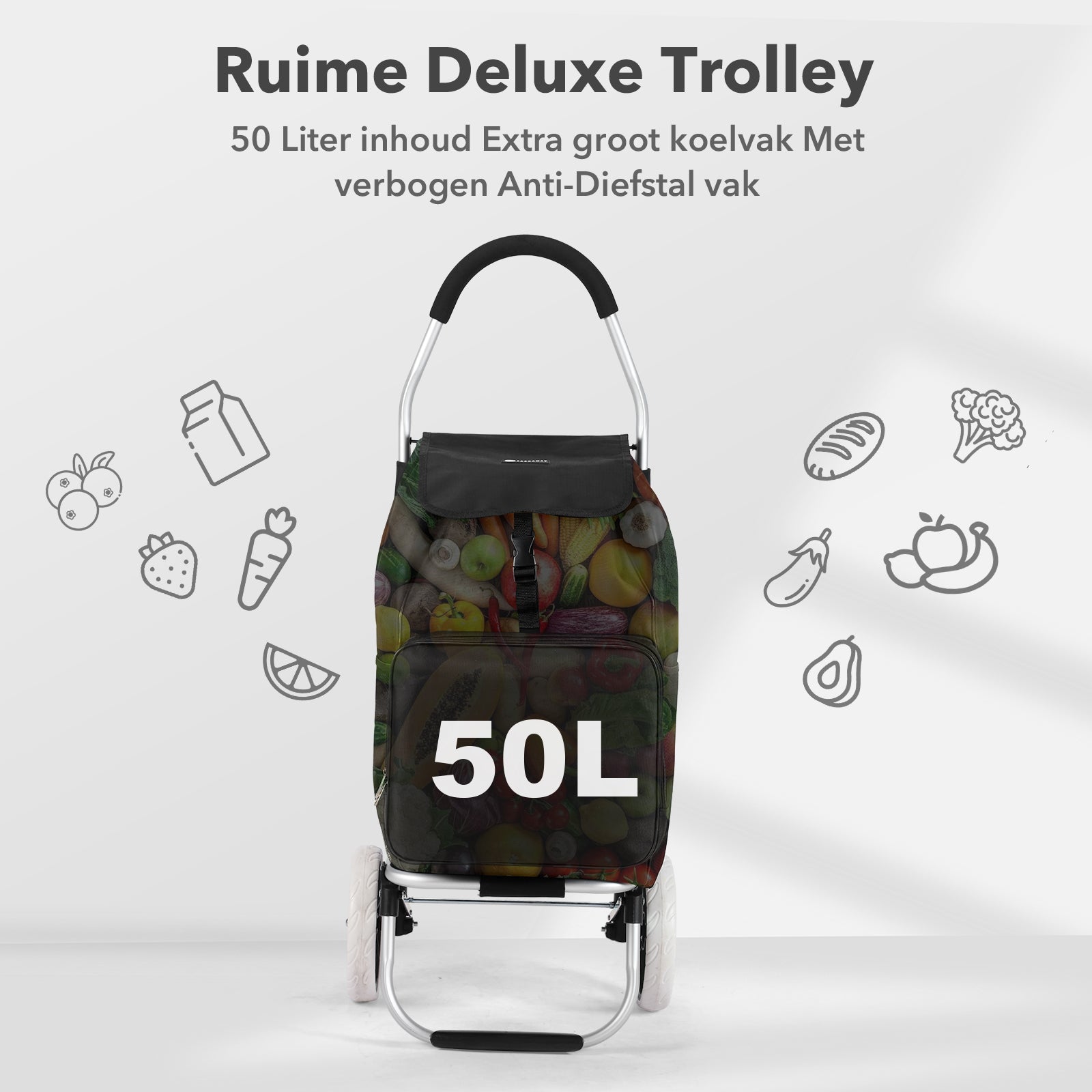 Boodschappentrolley Deluxe 50L met koelvak zwart - boodschappenwagen - steekwagenfunctie