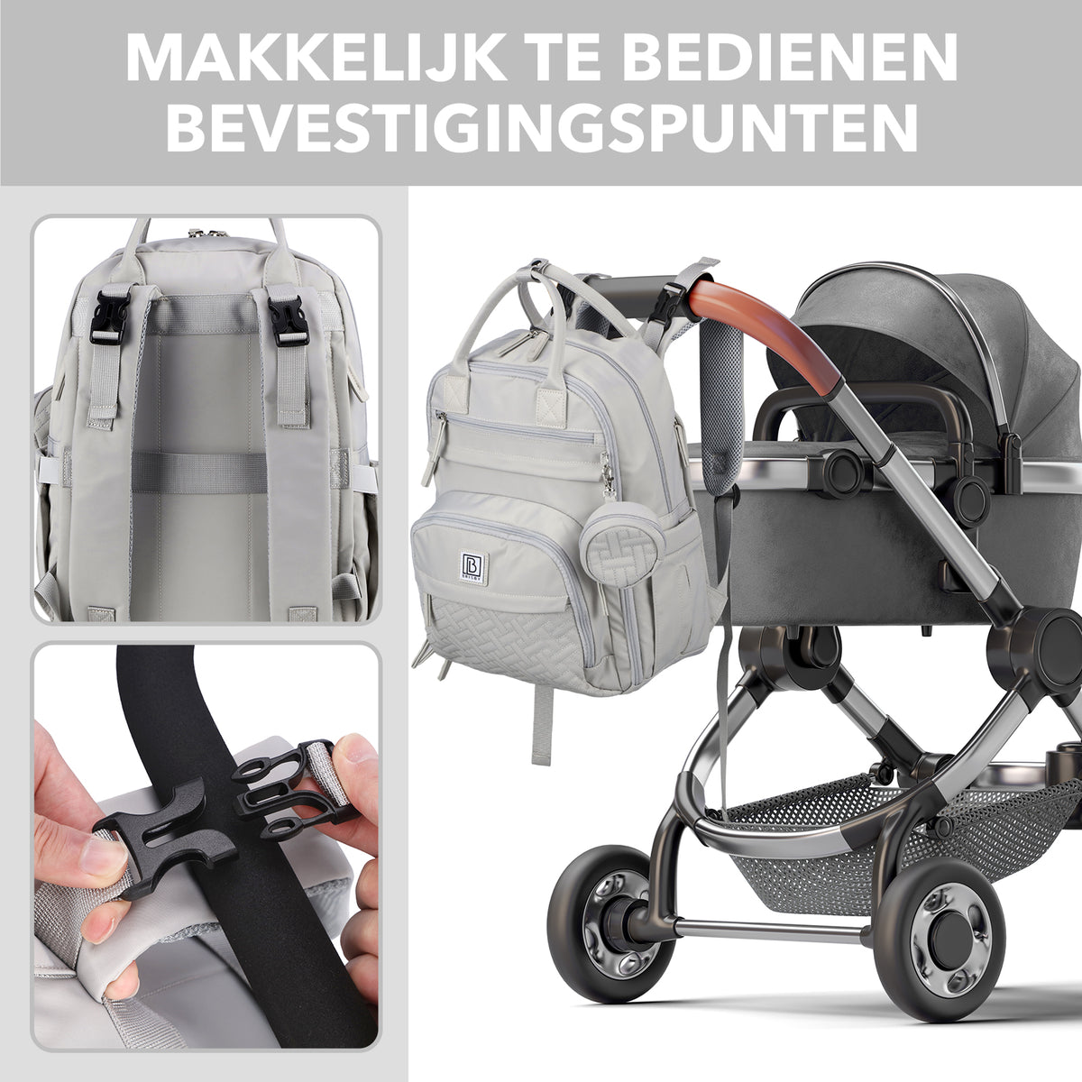 Brisby Premium Luiertas – Uitgebreide en Functionele Verzorgingstas – met buggymontage – Anti Diefstal Vakken - Reistrolley Sleeve - Inclusief verschoonmatje t.w.v.15,99 euro en speenhouder - Levenslange Garantie -Modern Grey