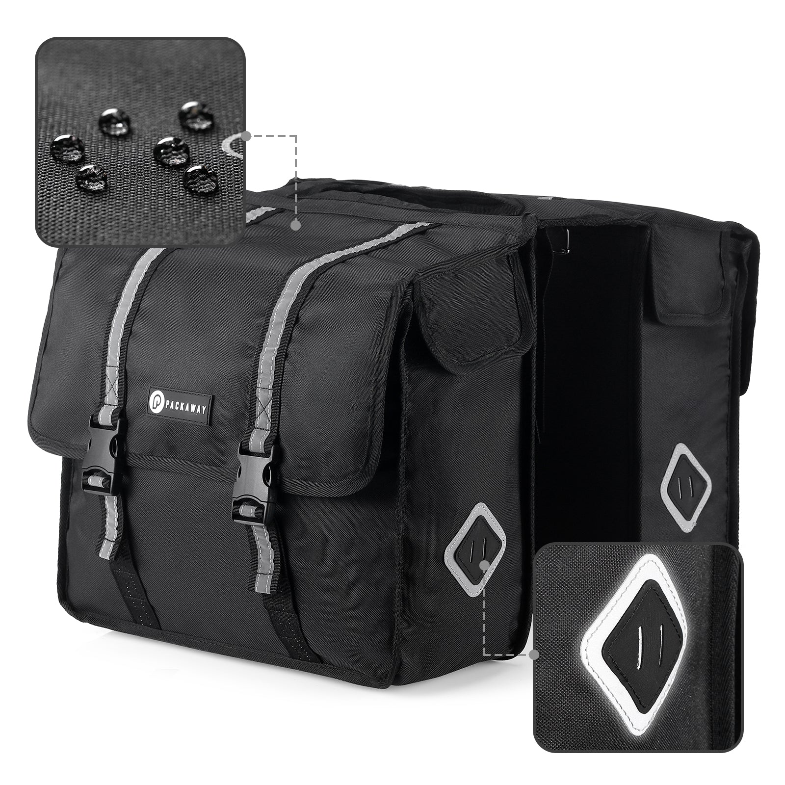 Packaway Double Panniers - Waterproof Panniers Electric Bike - Reflective - Black 36 Liters