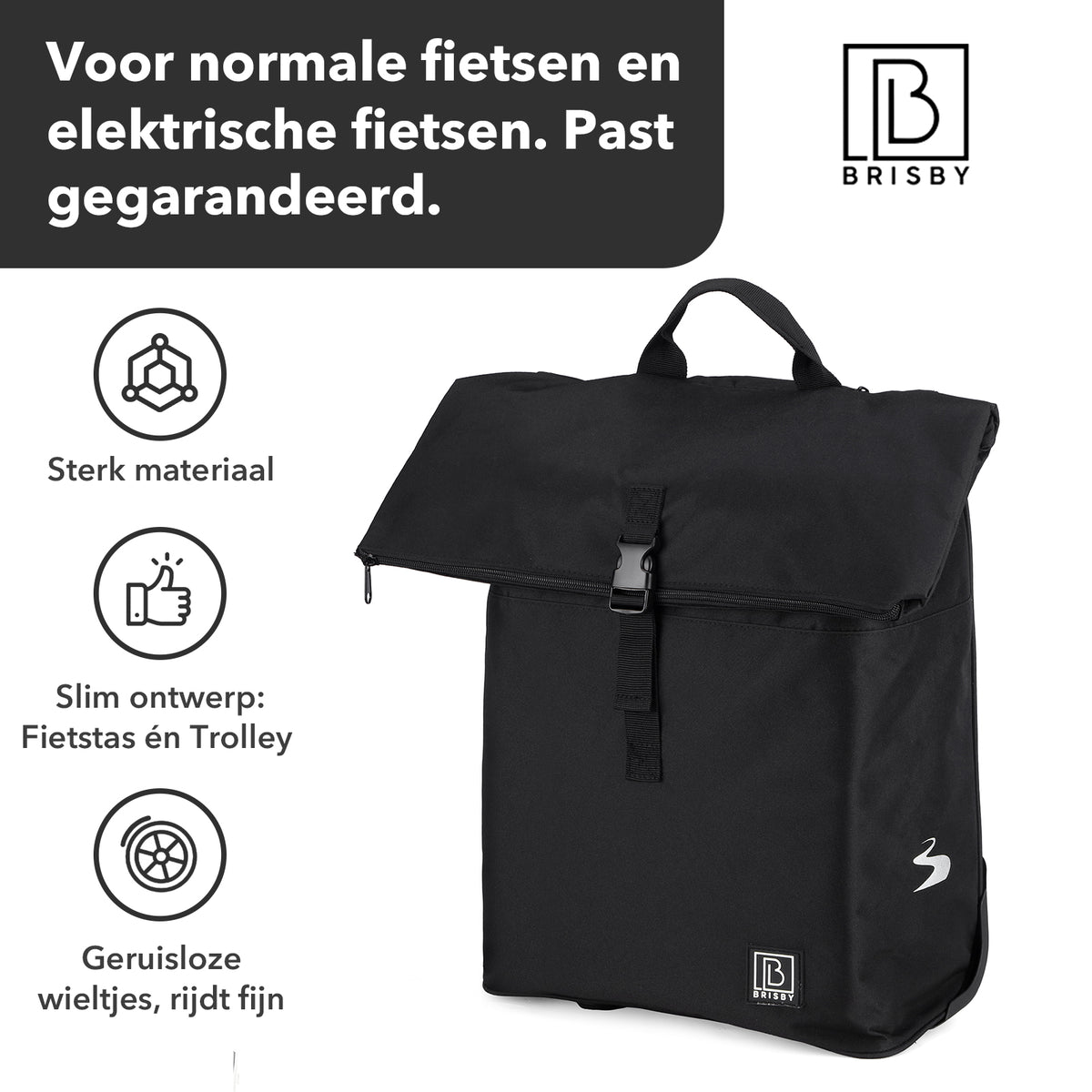 Fietstrolley Tas 2-in-1 Fietstas en Trolley Zwart 18-28L Laptopvak Verstelbare Hendel Bevestigingssysteem - Zwart