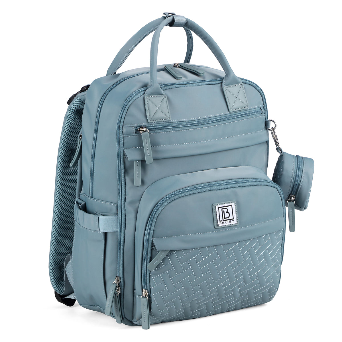 Brisby Premium Luiertas – Uitgebreide en Functionele Verzorgingstas – met buggymontage – Anti Diefstal Vakken - Reistrolley Sleeve - Inclusief verschoonmatje t.w.v.15,99 euro en speenhouder - Levenslange Garantie - Misty Blue