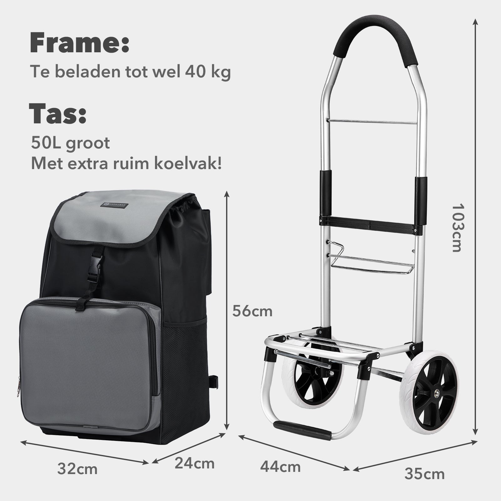 Boodschappentrolley Deluxe 50L met koelvak zwart-grijs - boodschappenwagen - steekwagenfunctie