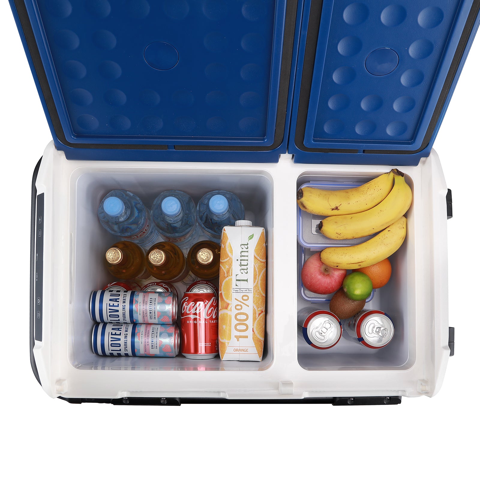 Compressor koelbox 58,1L en 8L koelbox blauw SET - Dual zone - koelen en vriezen - 12V en 230V - verrijdbaar - incl. 2x 1,2L thermosbekers