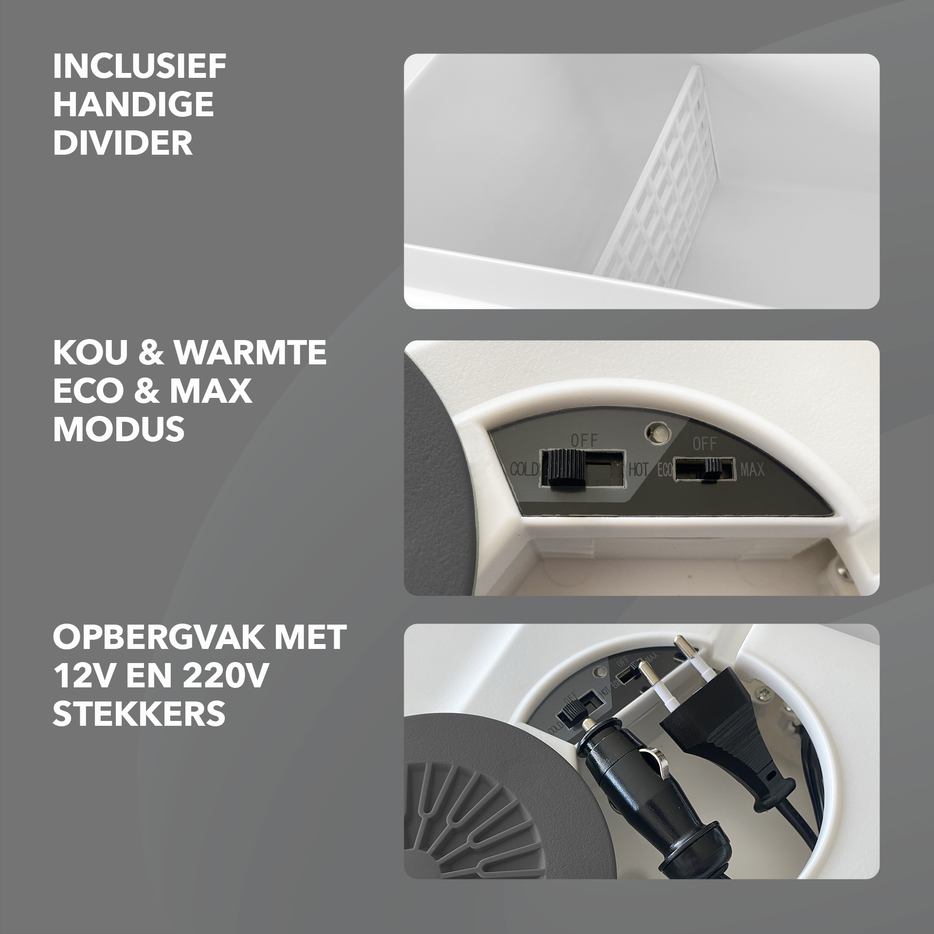 Elektrische koelbox 40L grijs SET - Incl. 8L passieve koelbox - incl. divider en koelelementen - AC/DC 12V, 220/230V