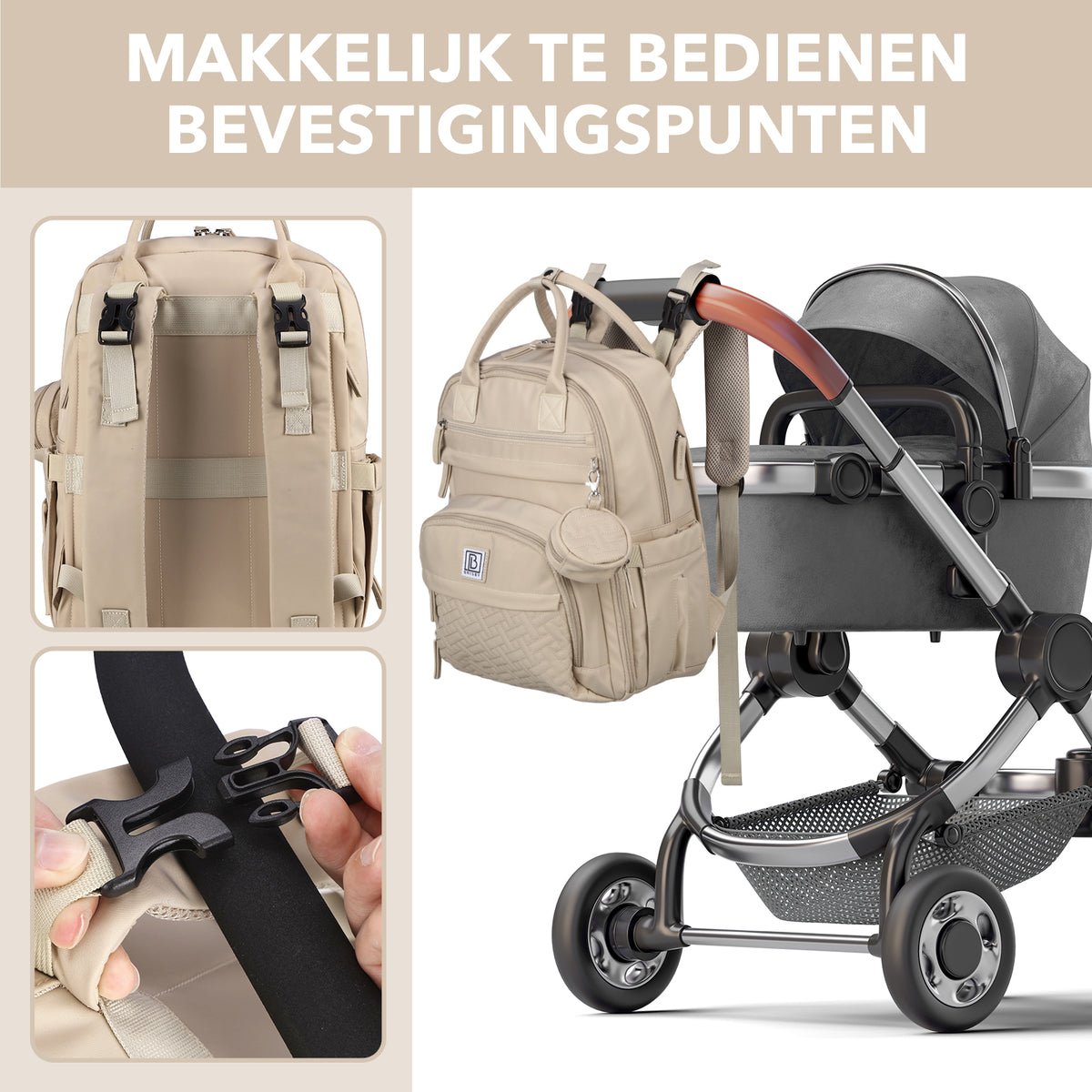 Brisby Premium Luiertas – Uitgebreide en Functionele Verzorgingstas – met buggymontage – Anti Diefstal Vakken - Reistrolley Sleeve - Inclusief verschoonmatje t.w.v.15,99 euro en speenhouder - Levenslange Garantie - Natural Champagne