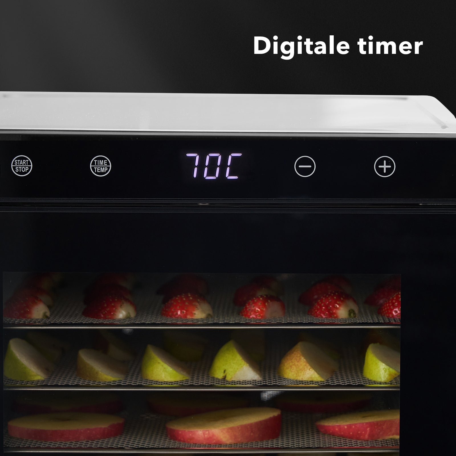 Bardi Voedseldroger 6-laags 650W RVS - 24-uurs timer - led-bedieningspaneel - incl. 6 inlegvellen en voedseltang