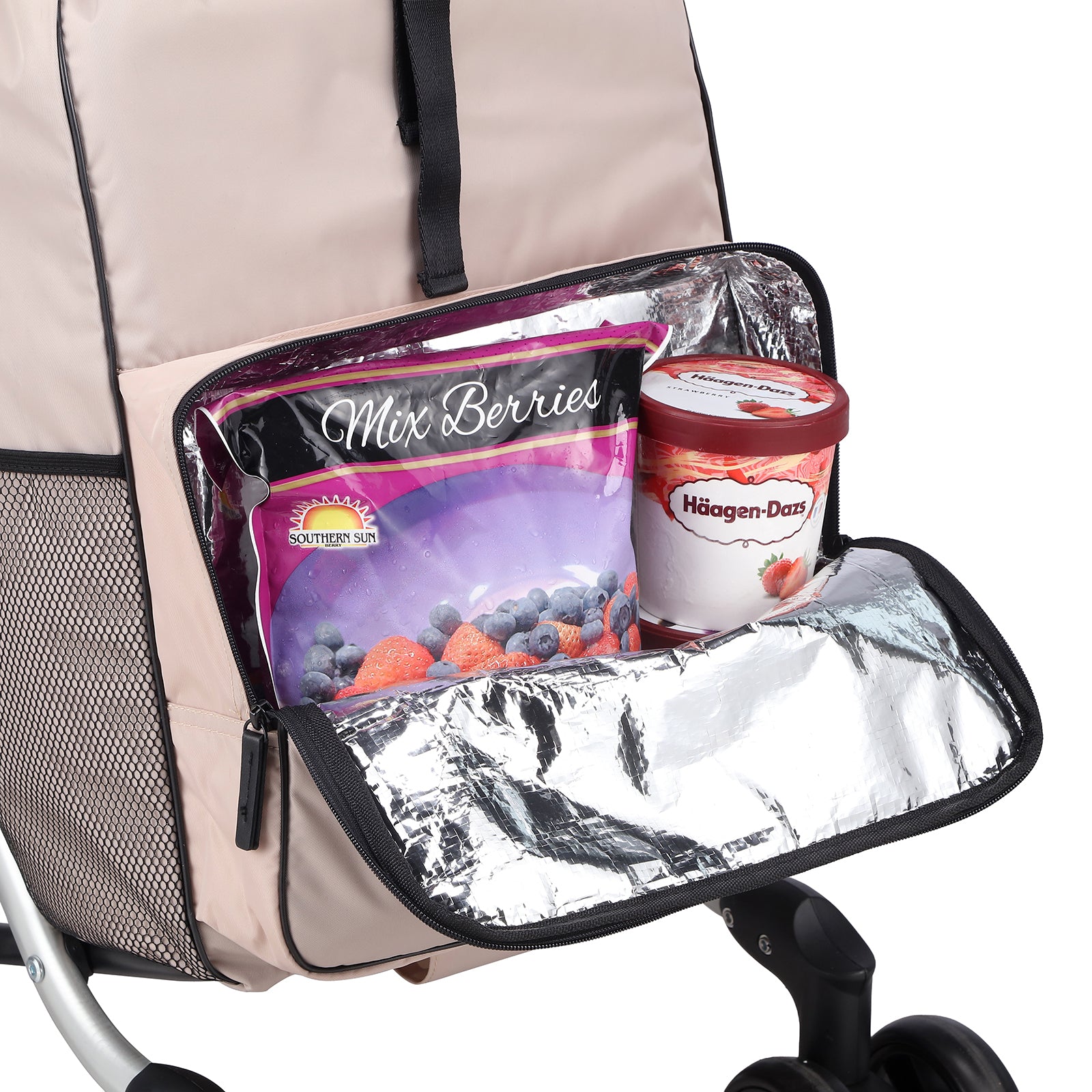 Packaway Boodschappentrolley met 4 wielen - boodschappenwagen deluxe met koelvak en verstelbaar handvat – 60 liter – Champagne