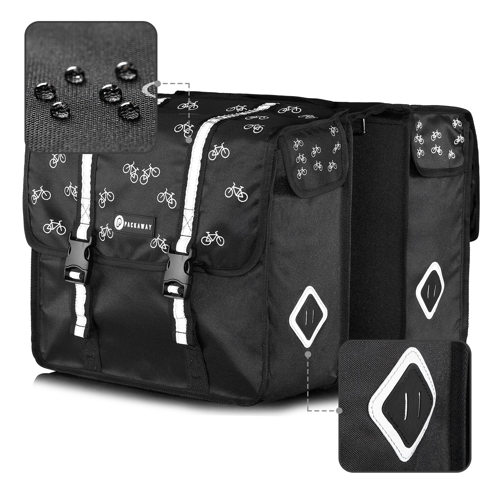 Packaway Double Panniers with Cooler Compartment - Removable Cooler Bag - Waterproof - Bicycle Pattern - 36L - Black