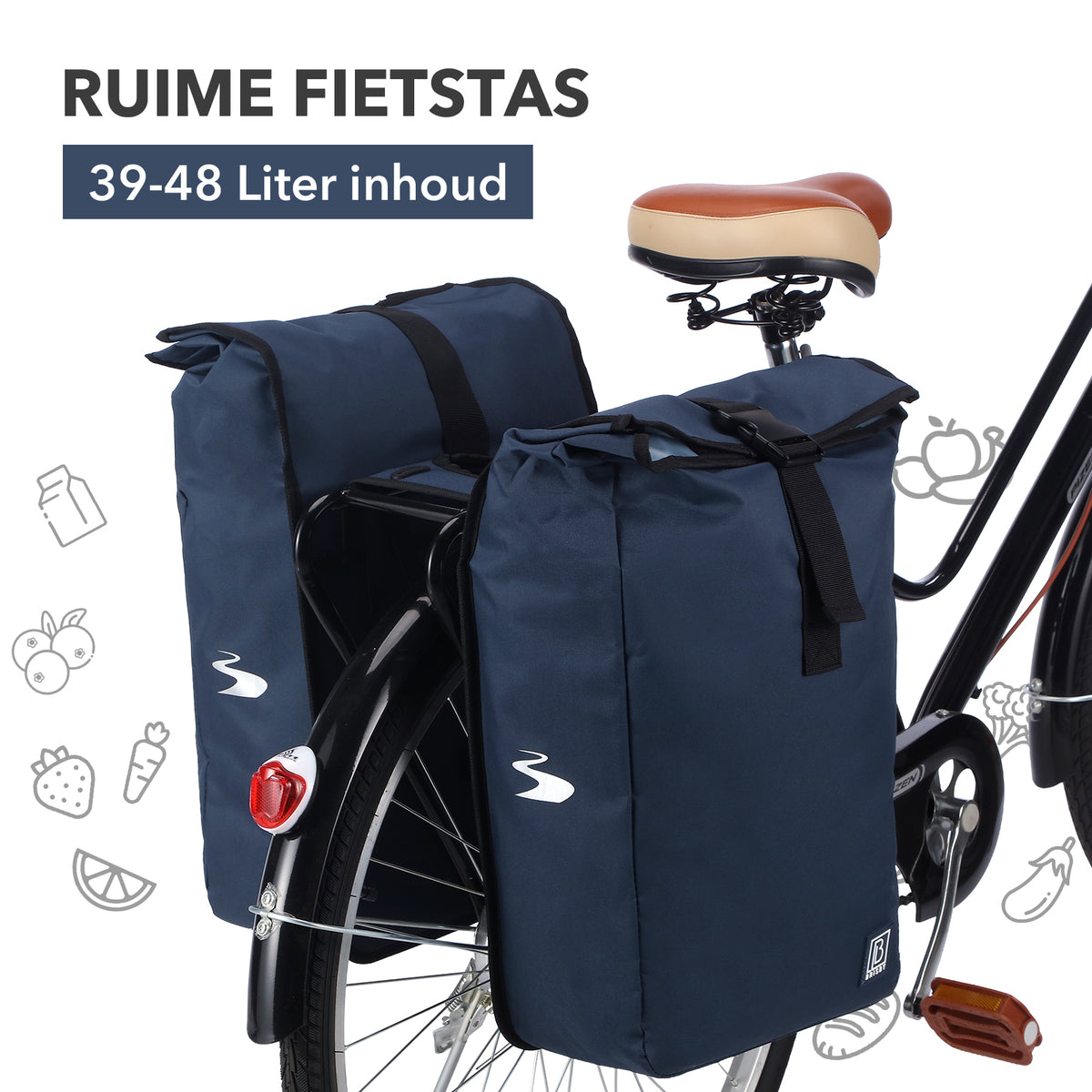 Brisby Dubbele Fietstas Rolltop Zwart 39-48L Waterdicht Geschikt voor Elektrische Fietsen & E-Bike - Blauw