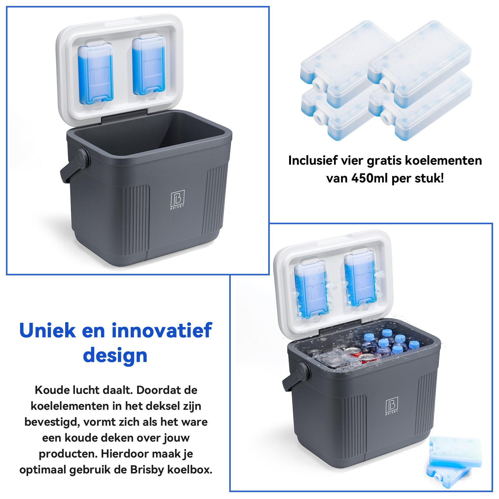 Brisby Koelbox 22L grijs + 3-delige vershoudbakjes + 2 thermosflessen 0,5L set