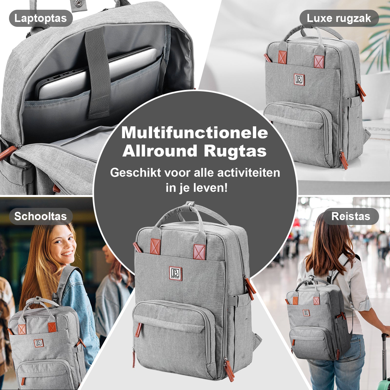 Brisby Rugtas unisex LTO lichtgrijs - waterafstotend - laptopvak - handbagage