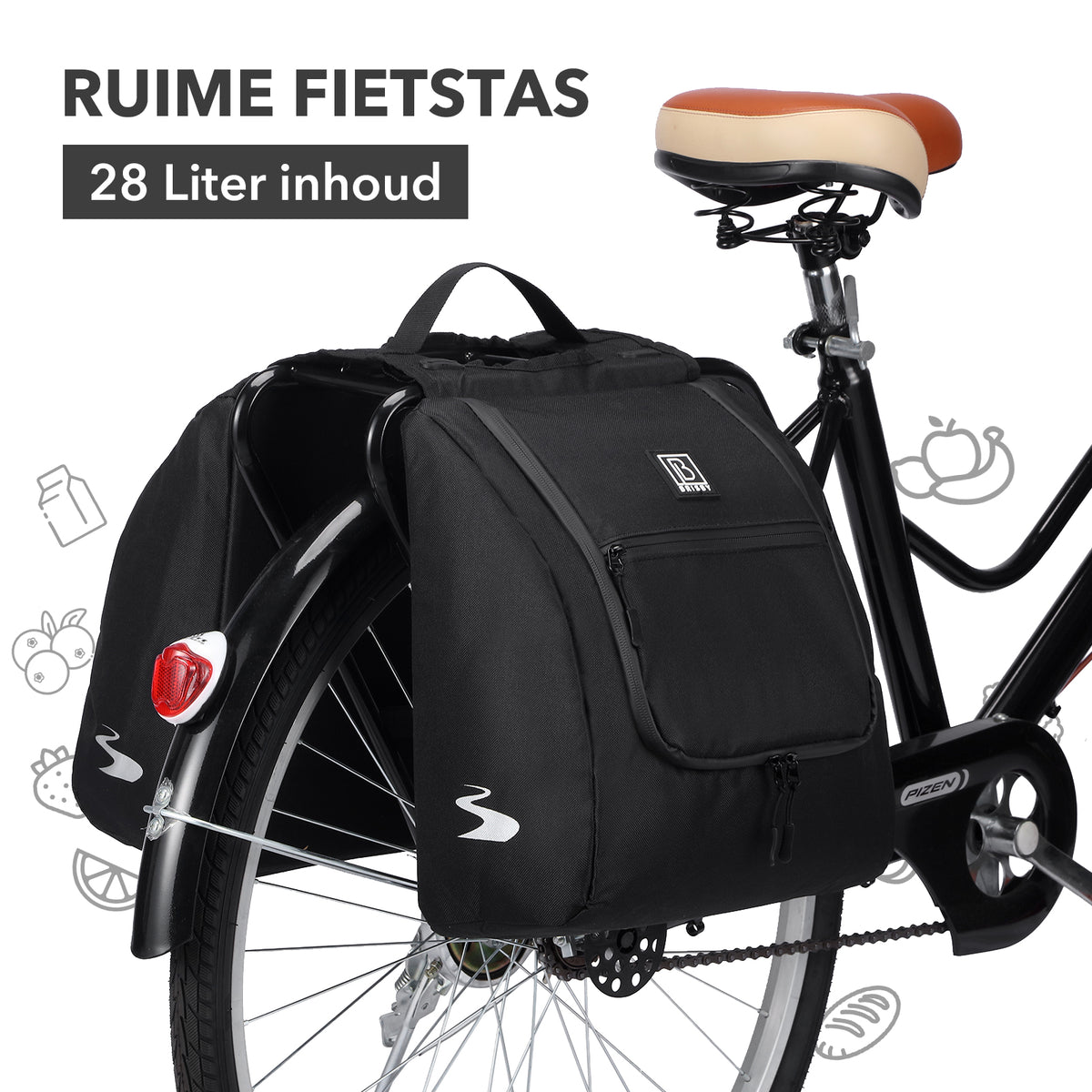 Brisby Dubbele Fietstas 28 Liter – Koeltas en Lunchtas – 4-laags Geïsoleerd – Voor Gewone en Elektrische Fiets – Waterafstotend met Waterdichte Ritsen – Zwart