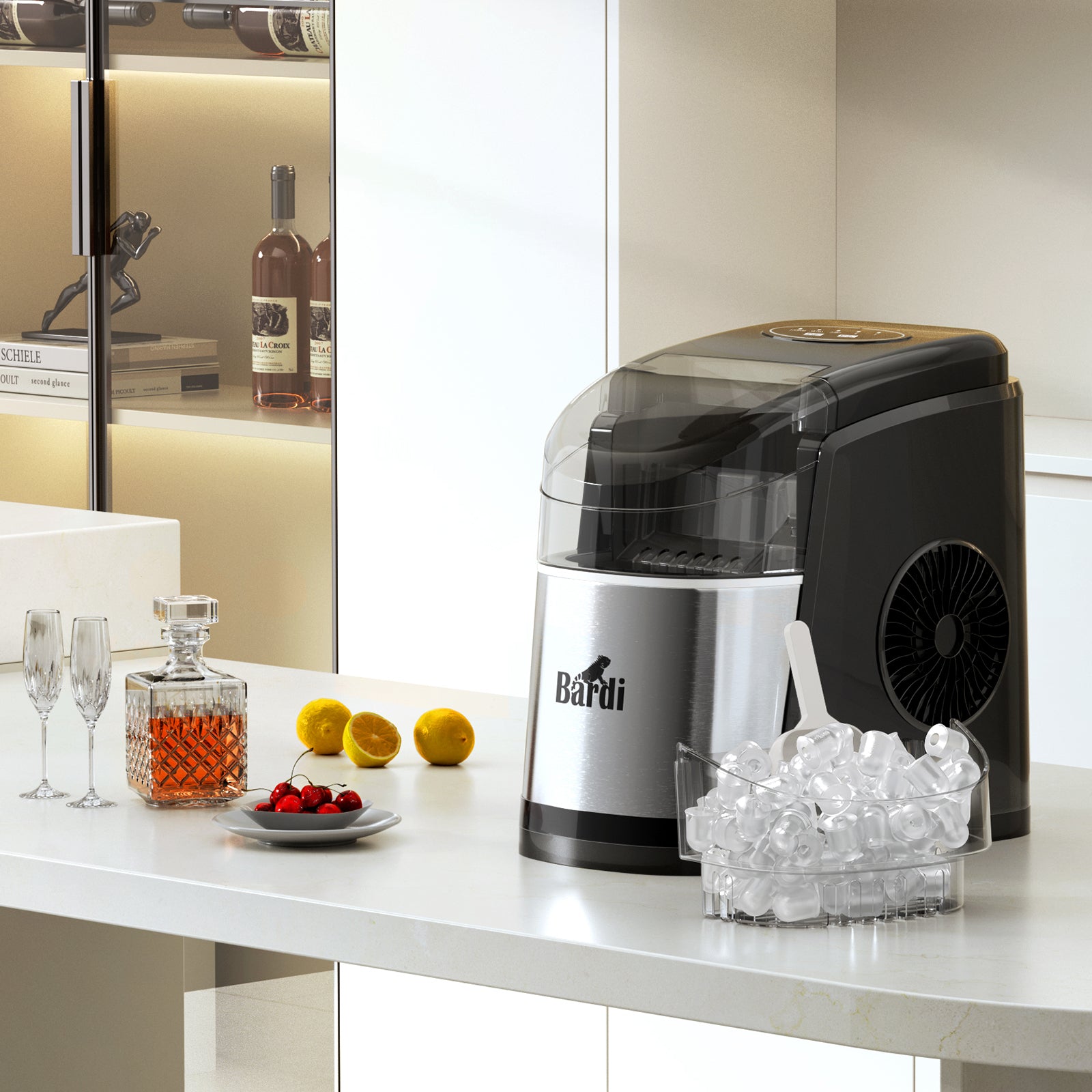 Bardi Deluxe Ice Cube Machine 1.6L black stainless steel - Self-cleaning function - ice cube maker with ice scoop - Incl. luxury thermos cup and ice scoop