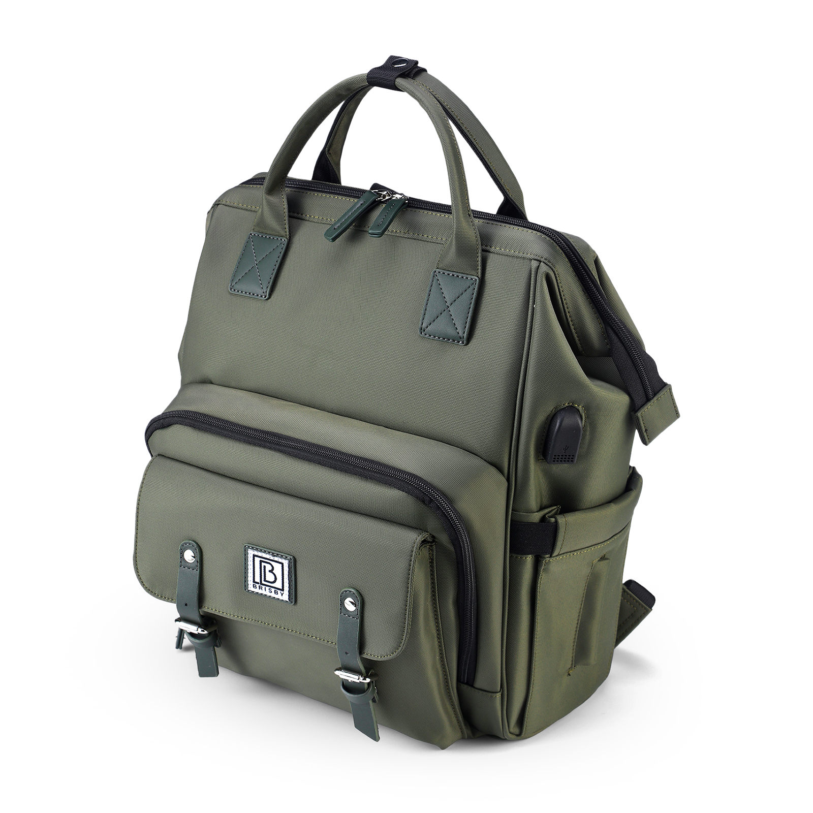 Stayopen luiertas groen - Verzorgingstas - stay-open frame - USB oplaadfunctie - incl. buggymontage en verschoonmat