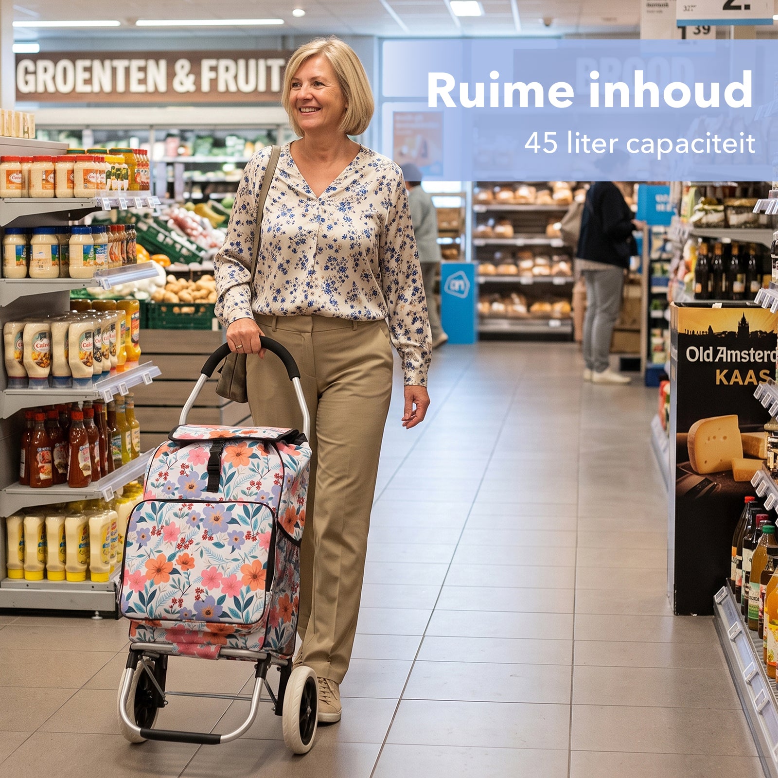 Packaway Boodschappentrolley 45L met Koelvak - Boodschappenwagen met Grote Wielen - Steekwagenfunctie - Waterafstotend - Pastel Blossom