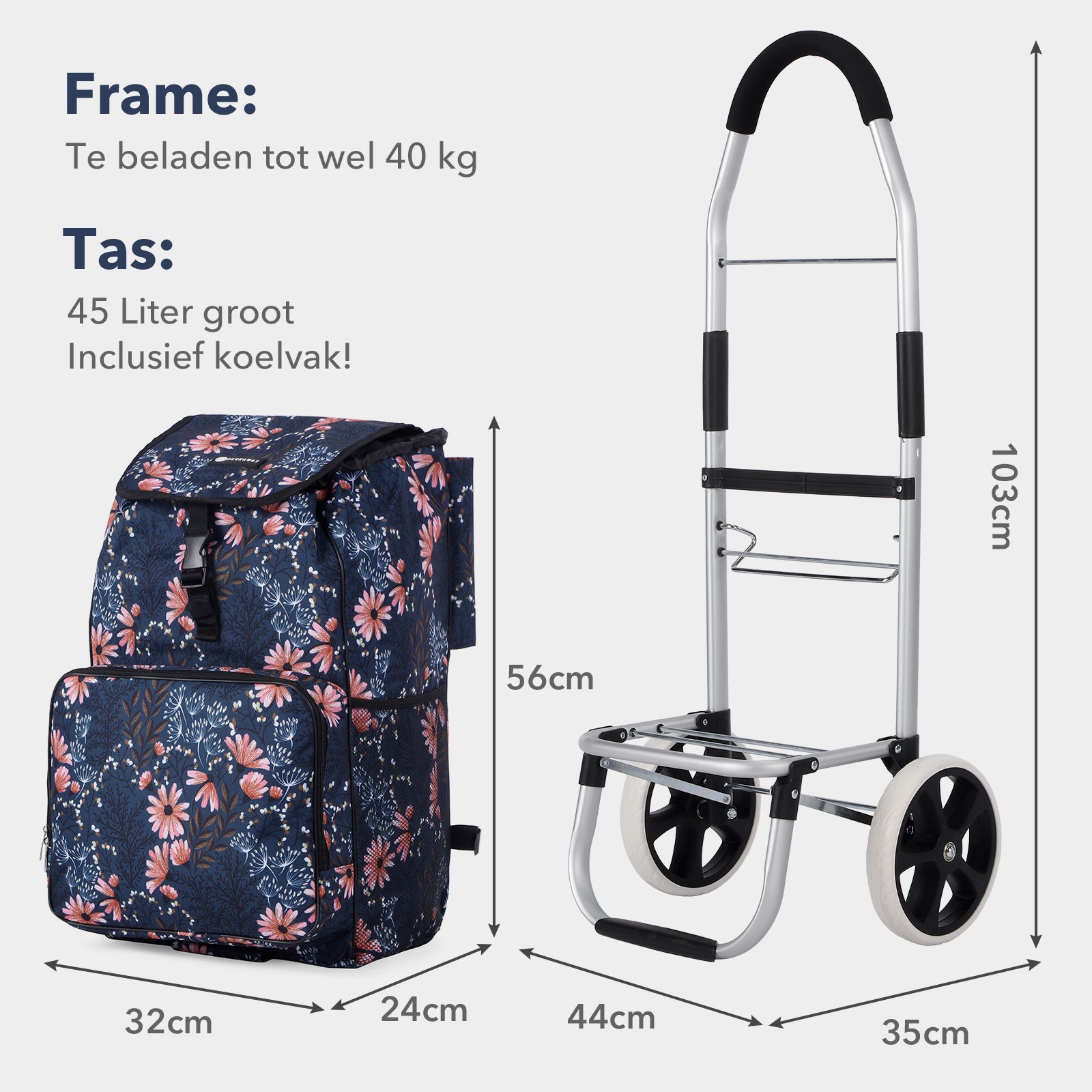 Packaway Boodschappentrolley 45L met Koelvak - Boodschappenwagen met Grote Wielen - Steekwagenfunctie - Waterafstotend - Japanese Flower