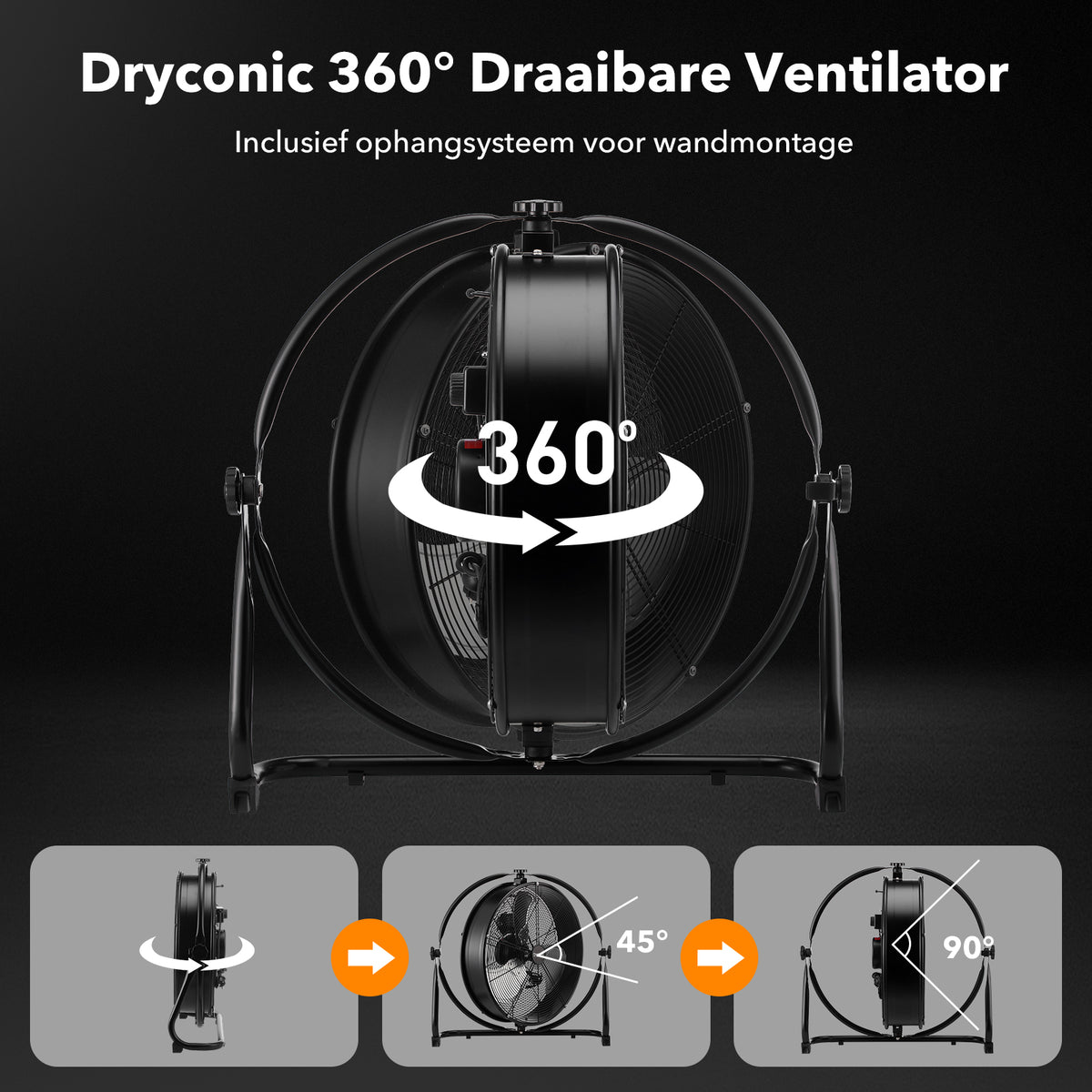 Dryconic 500mm. Professionele Ventilator met Beugel 360 Graden Draaibaar met 3 Snelheden en Ophangsysteem Voor Wandmontage