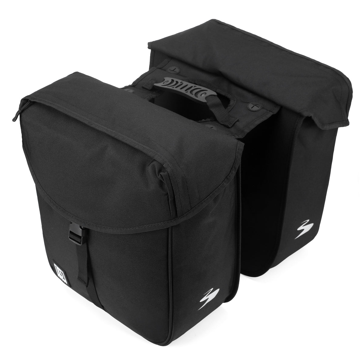 Brisby Dubbele Fietstas 34 Liter – Voor Gewone en Elektrische Fiets – Waterafstotend Polyester – Met Trekkoord, Gespsluiting en Reflectie – Zwart