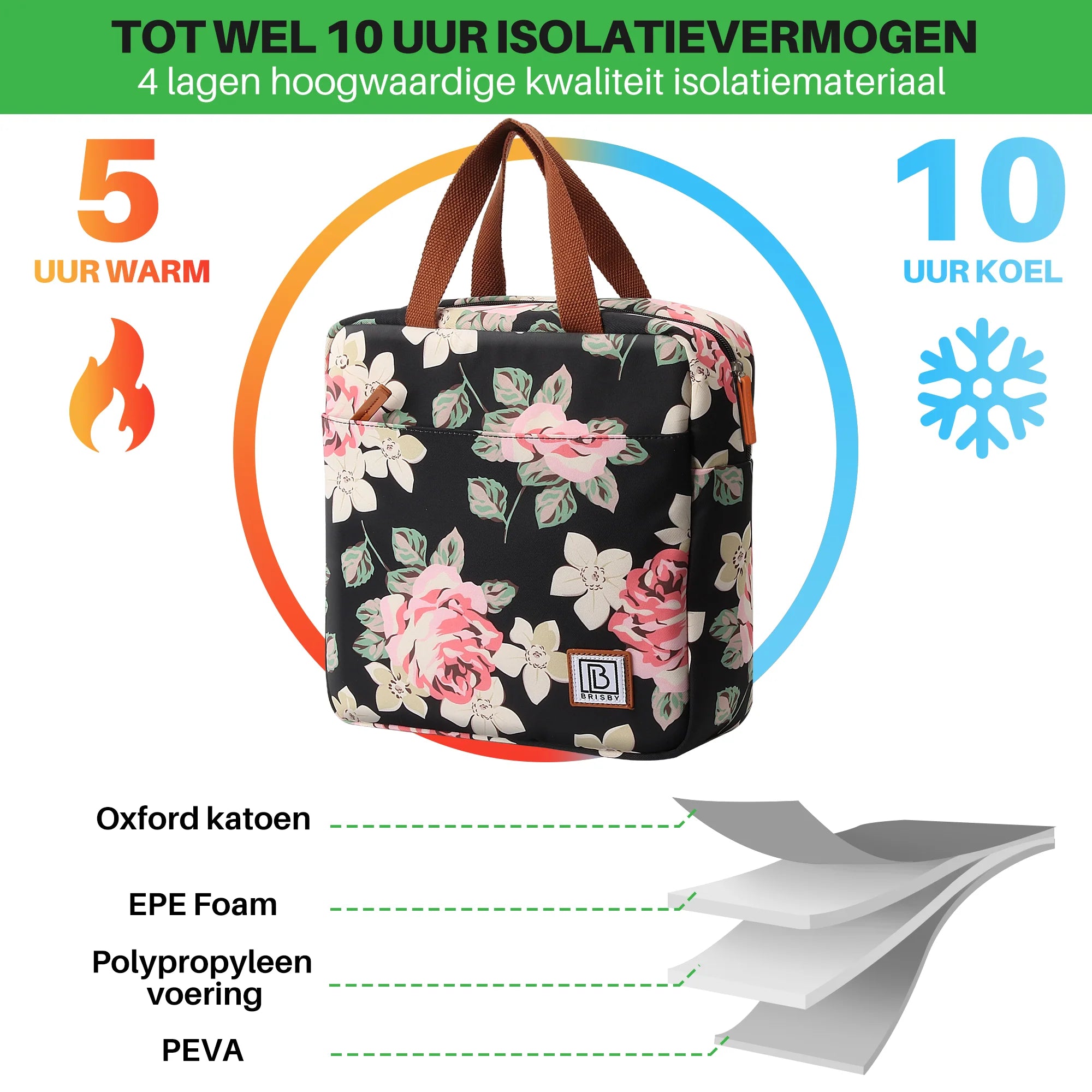 Cooler bag 7L black flowers - Lunch bag - 4-layer insulated - 2 free cooling elements - incl. shoulder strap