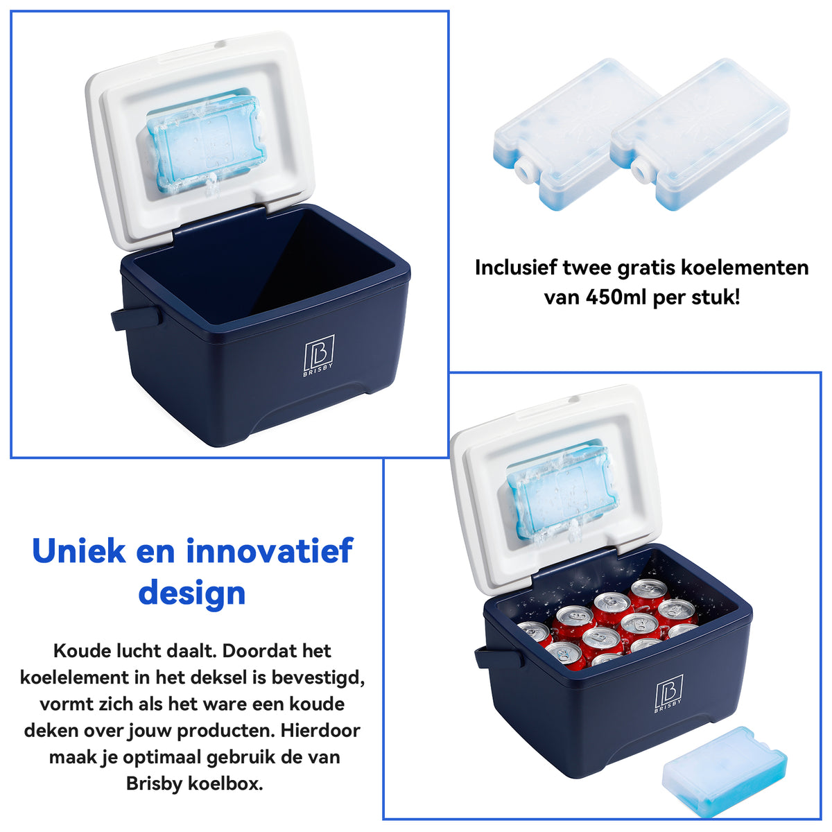 Brisby Koelbox - Frigobox - 8L - Blauw - Tot maximaal 40 uur isolatie - Incl. 2 dikke koelelementen van 450ml - Met koelelementen vergrendeld in deksel en Brisby 500ml Zwarte Dubbelwandige Thermosfles