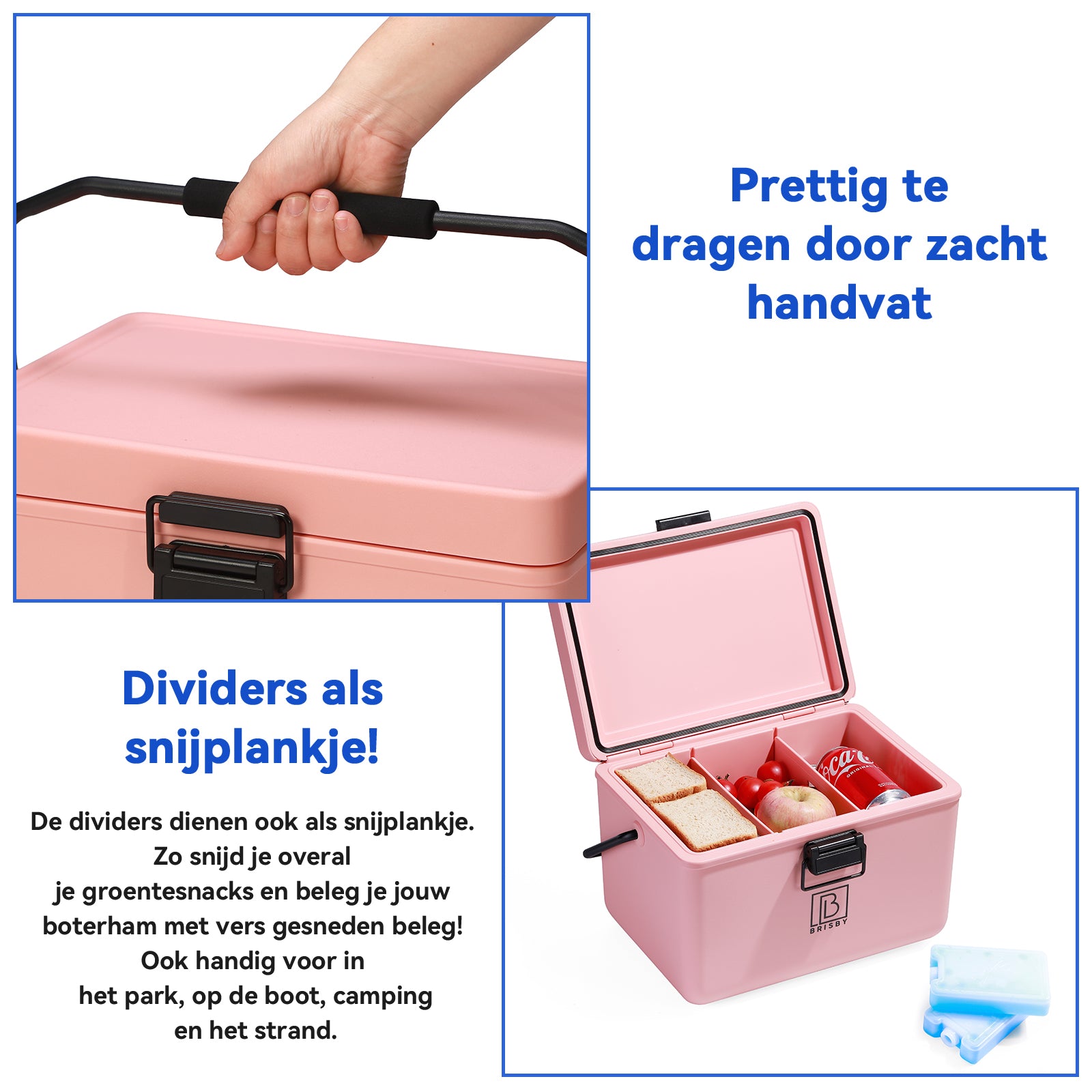 Koelbox 12L met handvat roze - Dividers - snijplanken - tot maximaal 40 uur isolatie - incl. 2 koelelementen van 200ml