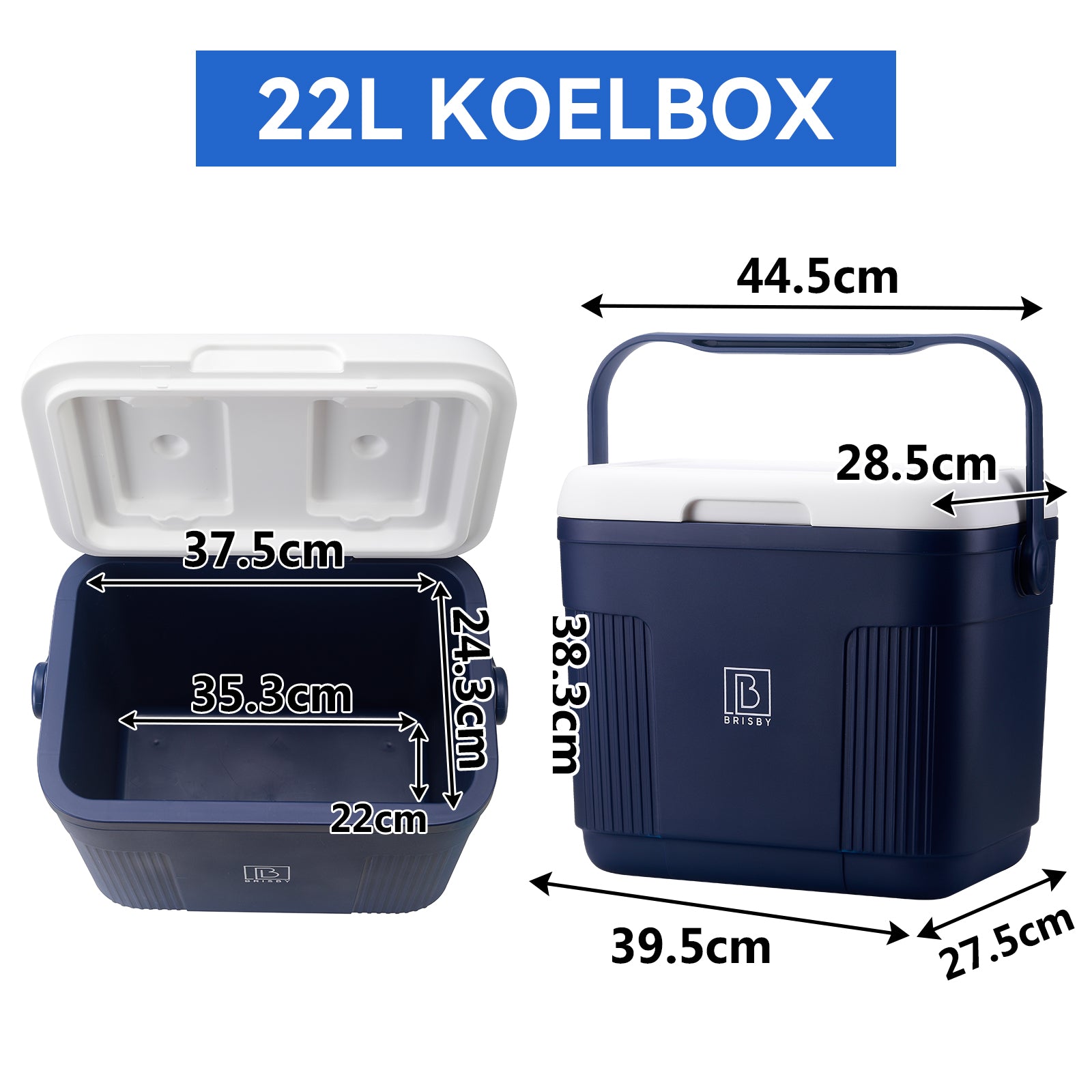 Brisby Koelbox - Frigobox - 22L - Blauw - Tot maximaal 40 uur isolatie - Incl. 4 dikke koelelementen van 450ml en 3 Delige Set Vershoudbakjes - Temperatuur veilige sluiting - Met koelelementen vergrendeld in deksel