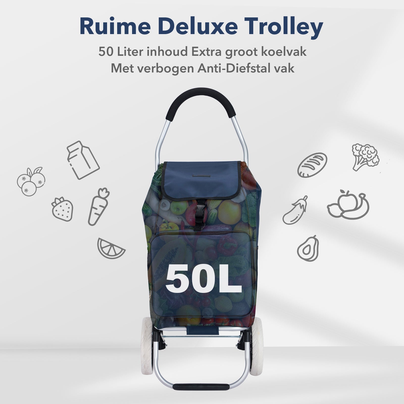 Boodschappentrolley Deluxe 50L met koelvak blauw - boodschappenwagen - steekwagenfunctie