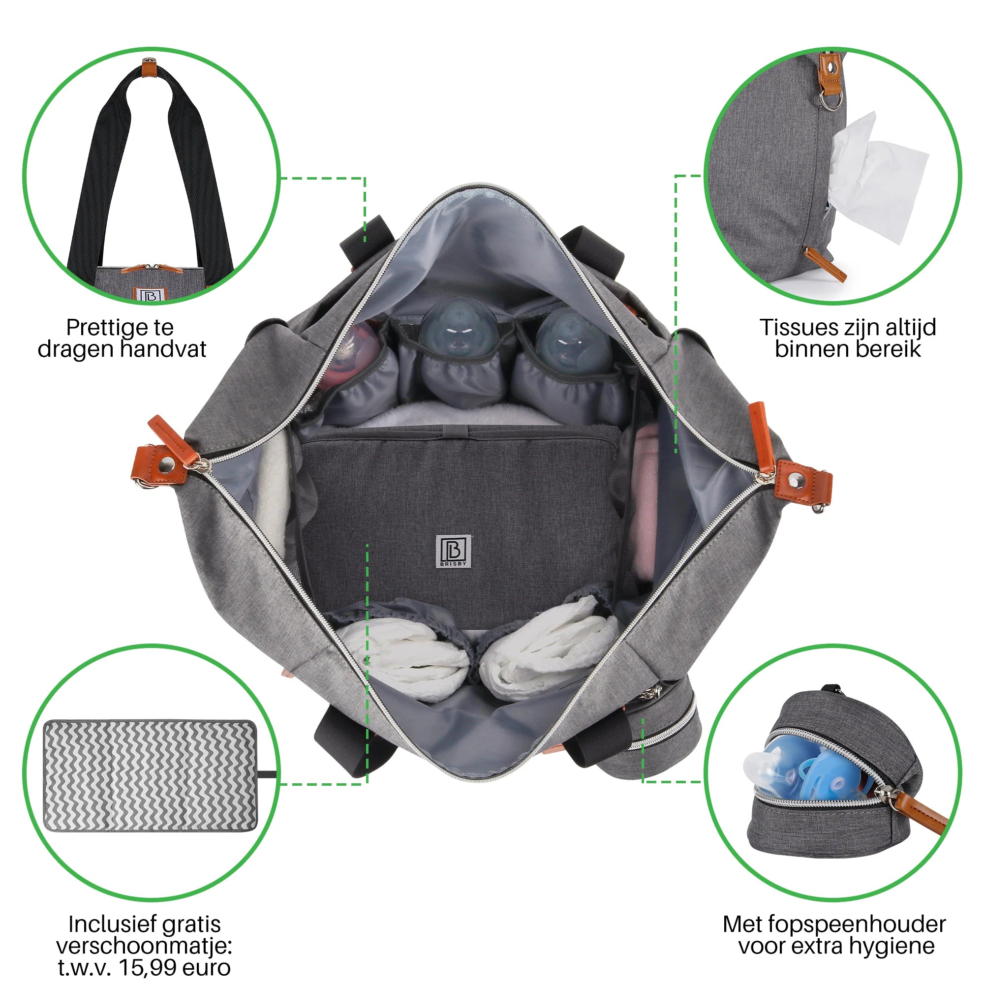 Duffel durable diaper bag gray - large nursing bag - Incl. changing mat, insulated compartments and pacifier holder