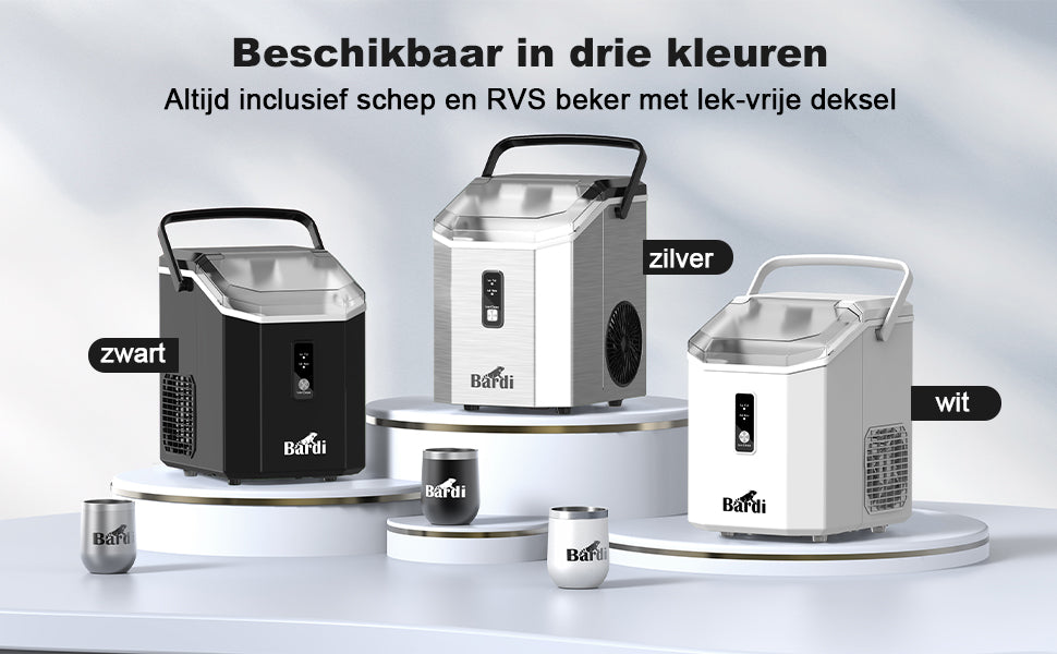 Bardi 1.1L - Nugget IJsblokjesmachine Square - Crushed Ice Maker met IJsschep - 15kg/24 uur - Ijsblokjesmaker - Met Luxe Thermosbeker - WIT met citruspers Zwart