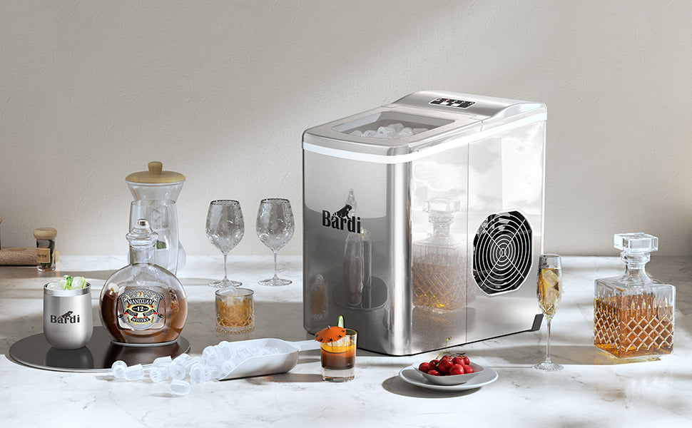 Bardi Deluxe Ice Cube Machine 2L Stainless Steel - Self-cleaning function - Ice cube maker with ice scoop - Incl. luxury thermos cup and ice scoop