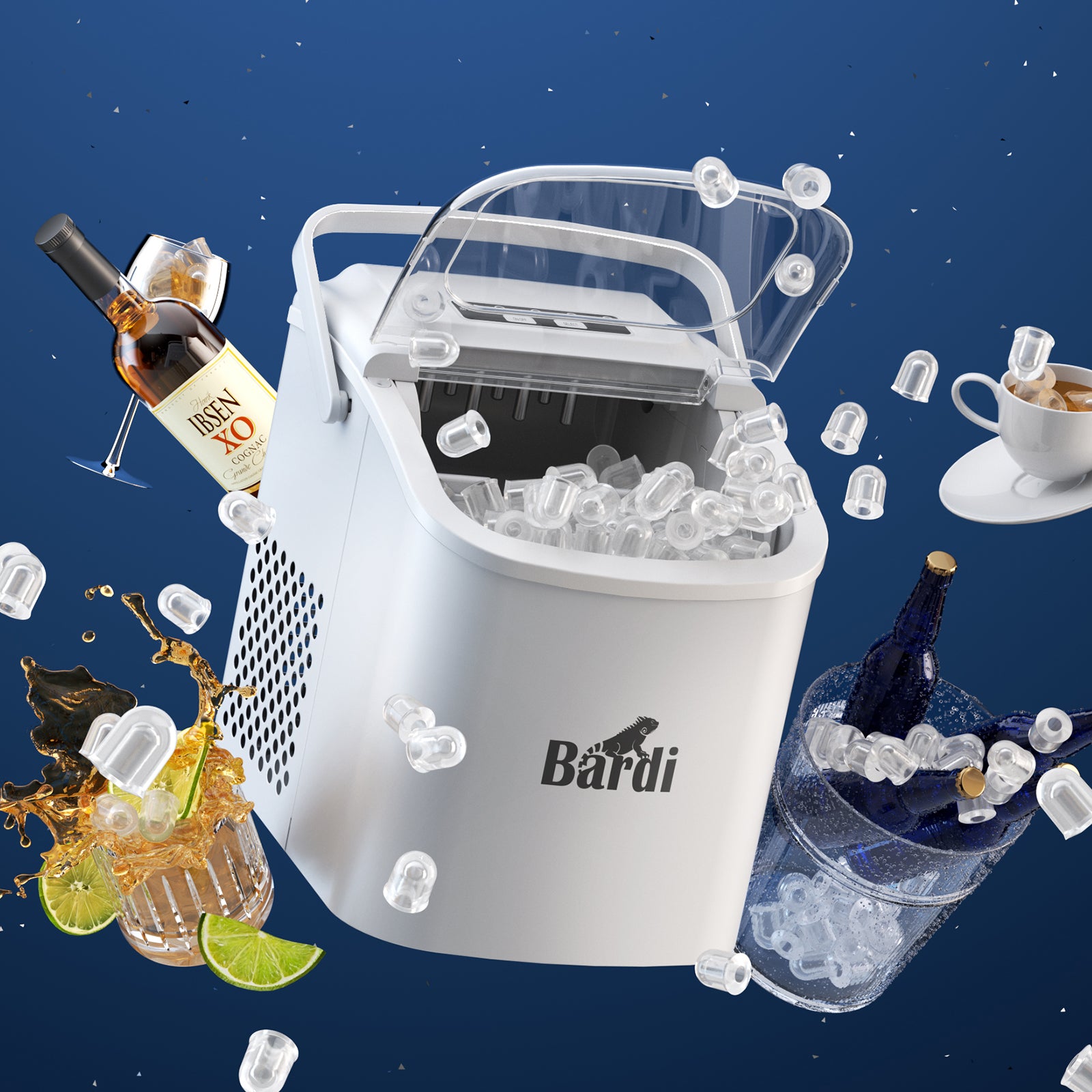 Bardi Deluxe Ice Cube Machine 1.2L white - Self-cleaning function - ice cube maker with ice scoop - Incl. luxury thermos cup and ice scoop